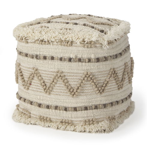 Caela Beige/Brown Wool, Cotton and Felt Popcorn Stitch Square Pouf