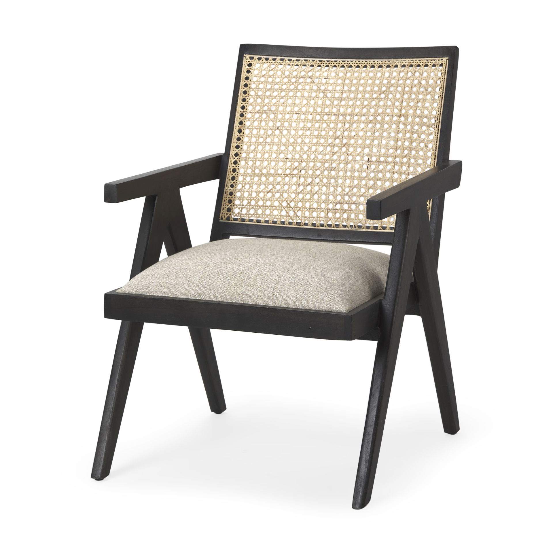 Donna Black Wood Cane-Back with Beige Upholstered Seat Dining Chair, by Mercana, 21.65" length x 27.52" width x 32" height View 1