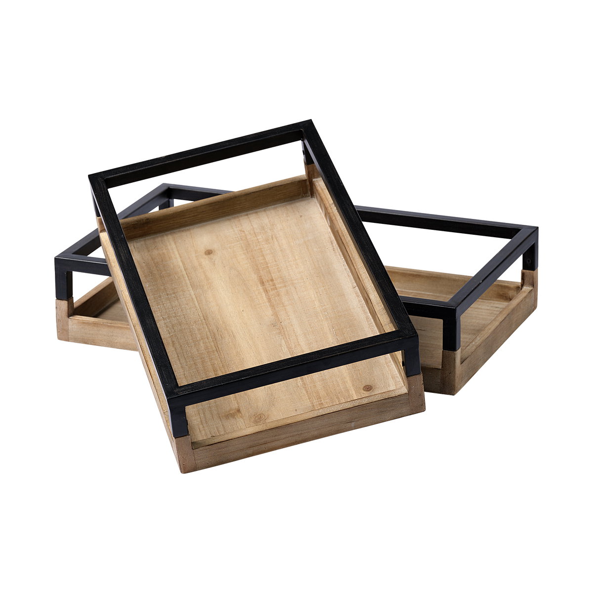 Ross Set of 2 Natural Wood with Black Metal Nesting Trays, Decorative Tray by Mercana, 18.9" length x 11.81" width x 4.25" height View 1