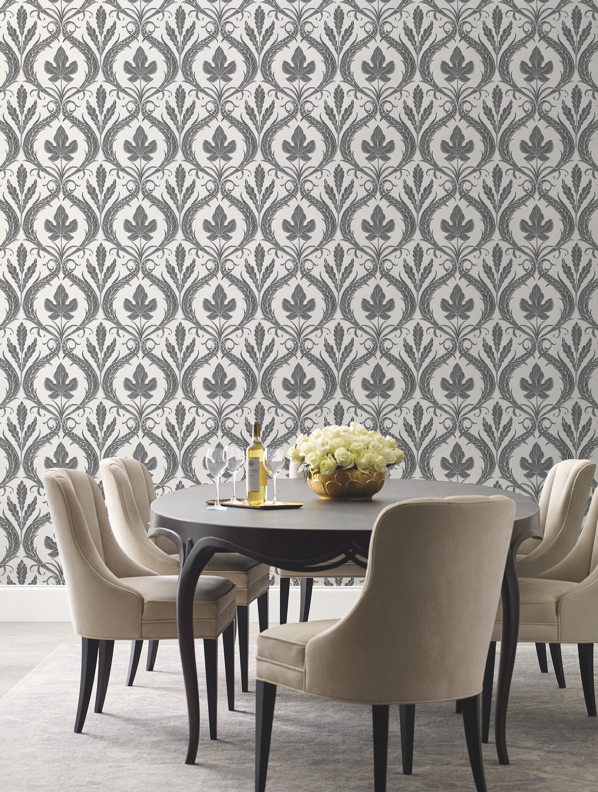 Adirondack Damask Black & White Wallpaper, by York Wall, 33' length x 1'8.5" width x 0.02" depth View 3