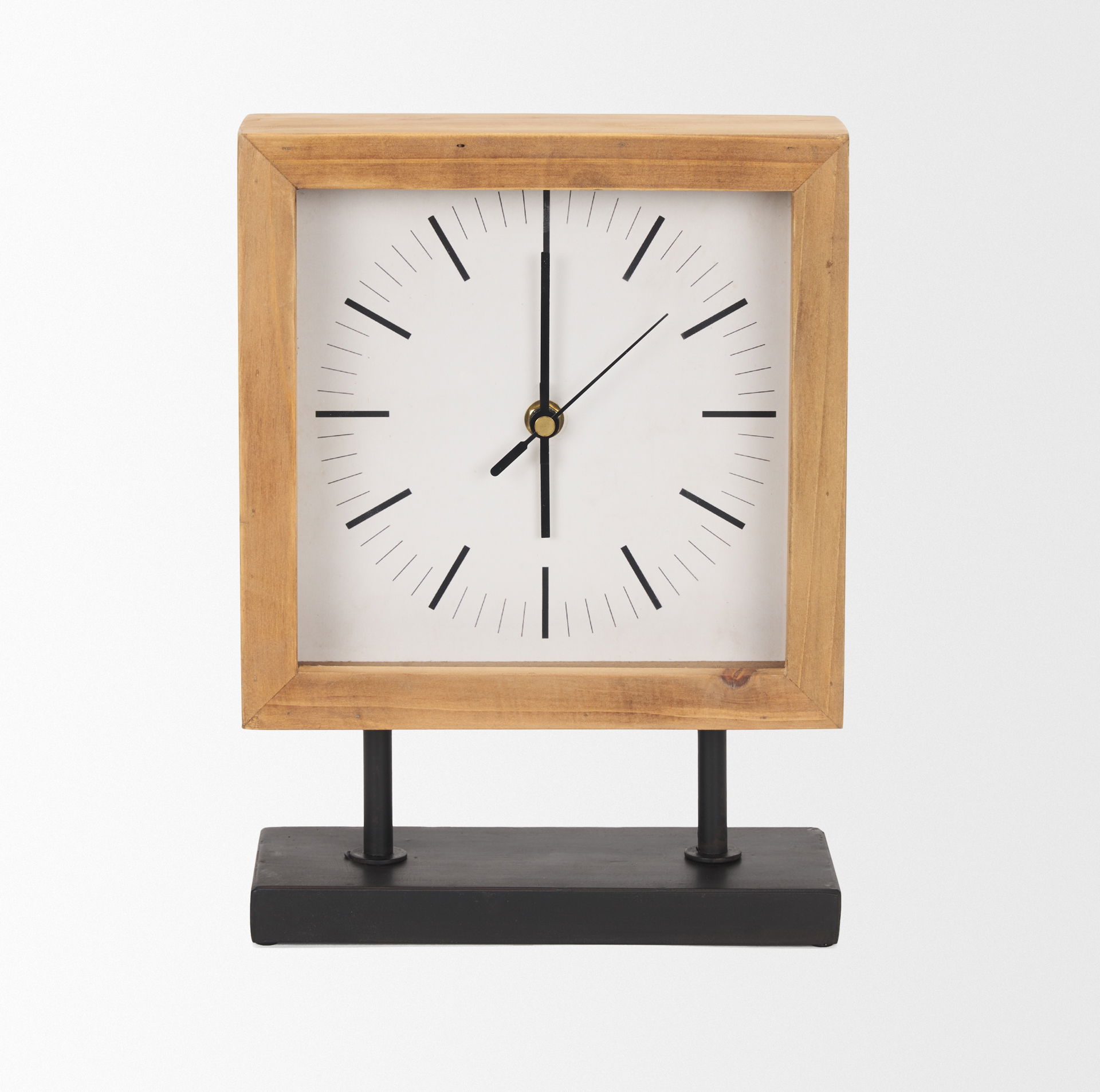 Renaya Light Brown Wood with Matte Black Metal Base Table Clock, by Mercana, 8.07" length x 2.76" width x 11.02" height View 4