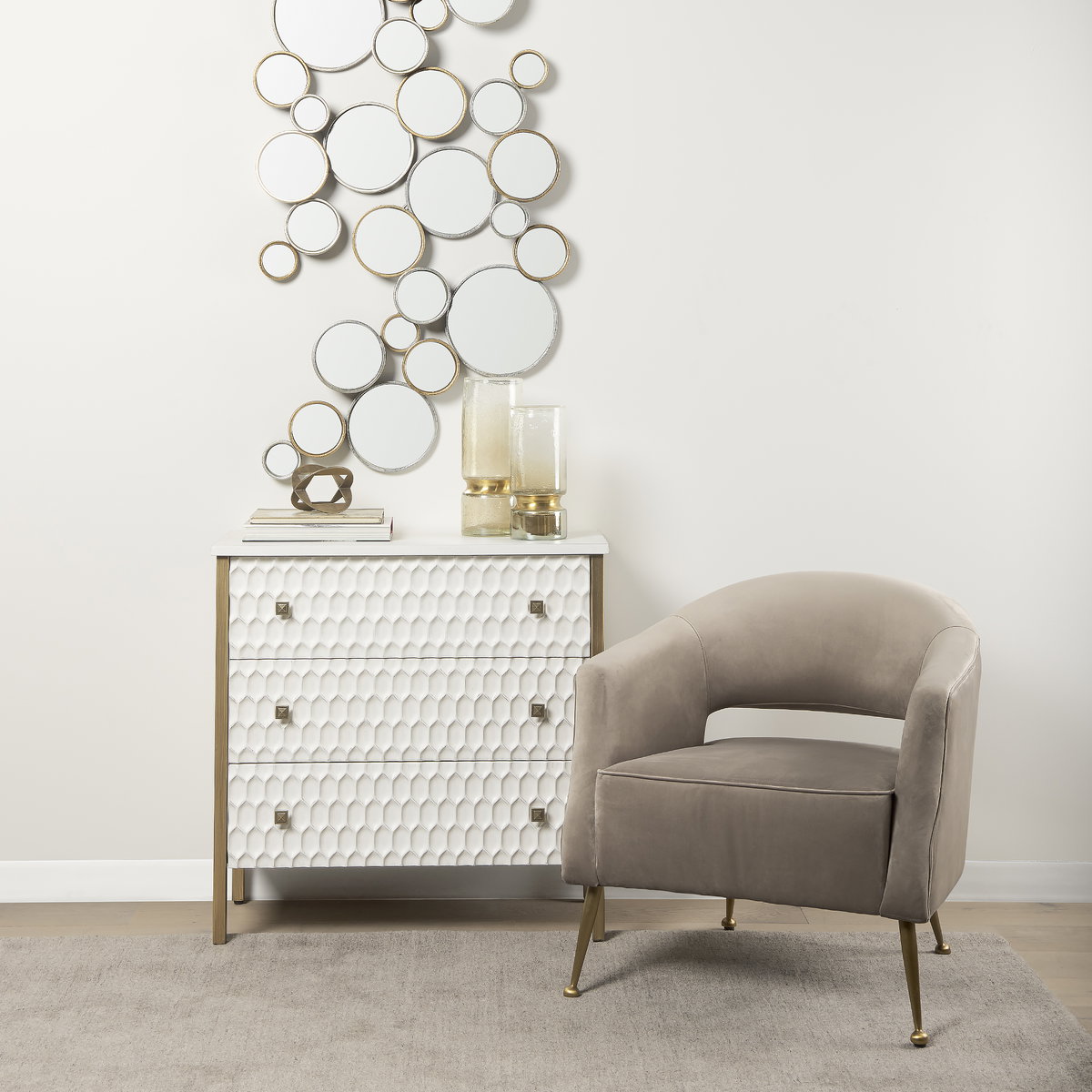 Savannah White Fir Veneer with Gold Metal 3-Drawer Accent Cabinet, Cabinets & Chest by Mercana, 31.89" length x 15.94" width x 31.5" height View 2