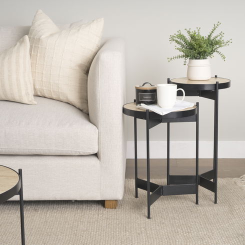 Wade Travertine Marble with Matte Black Metal End Tables
