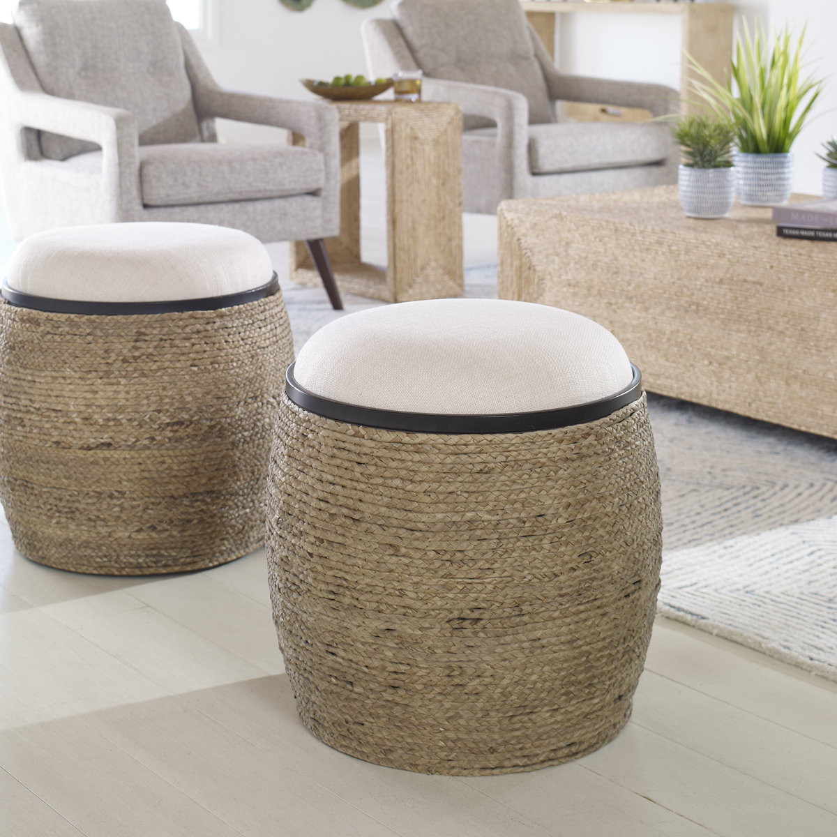 Island Straw Accent Stool, Low Stool by Uttermost, 19.5" width x 20.25" height x 19.5" depth View 2