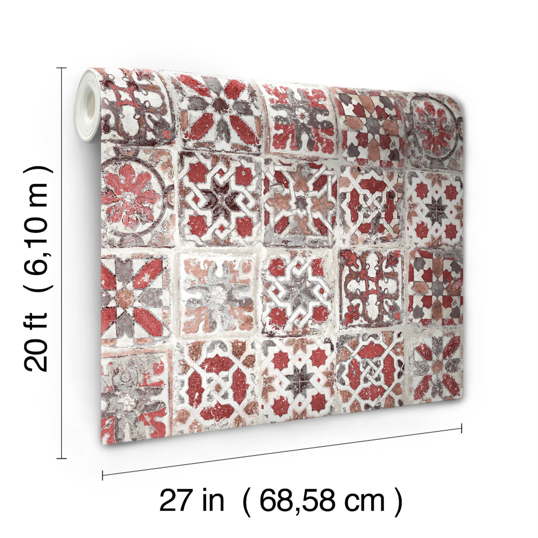 Encaustic Tile Red Peel & Stick Wallpaper large image 