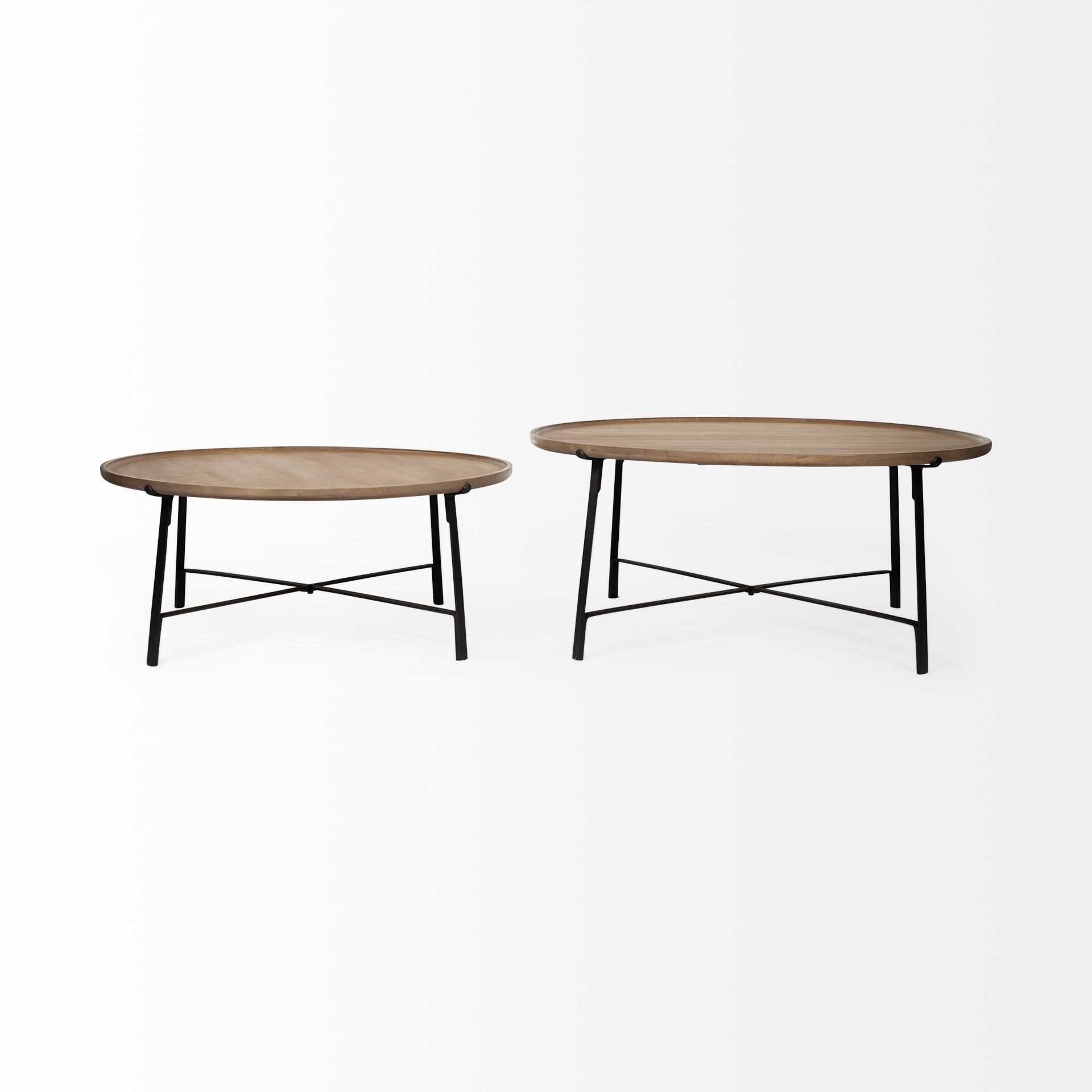 Helios (Set of 2) Brown Solid Wood Top Black Metal Base Nesting Coffee Tables, by Mercana, 41" length x 41" width x 18" height View 4