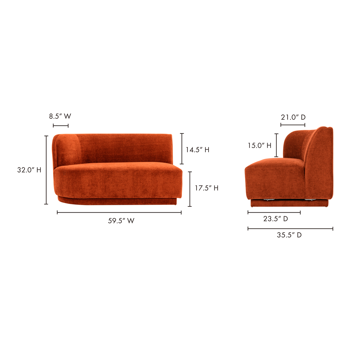 Yoon 2 Seat Sofa Left Rust, Sofas & Sectional by Moe's Home, 59.5" width x 32.25" height x 35.5" depth View 7