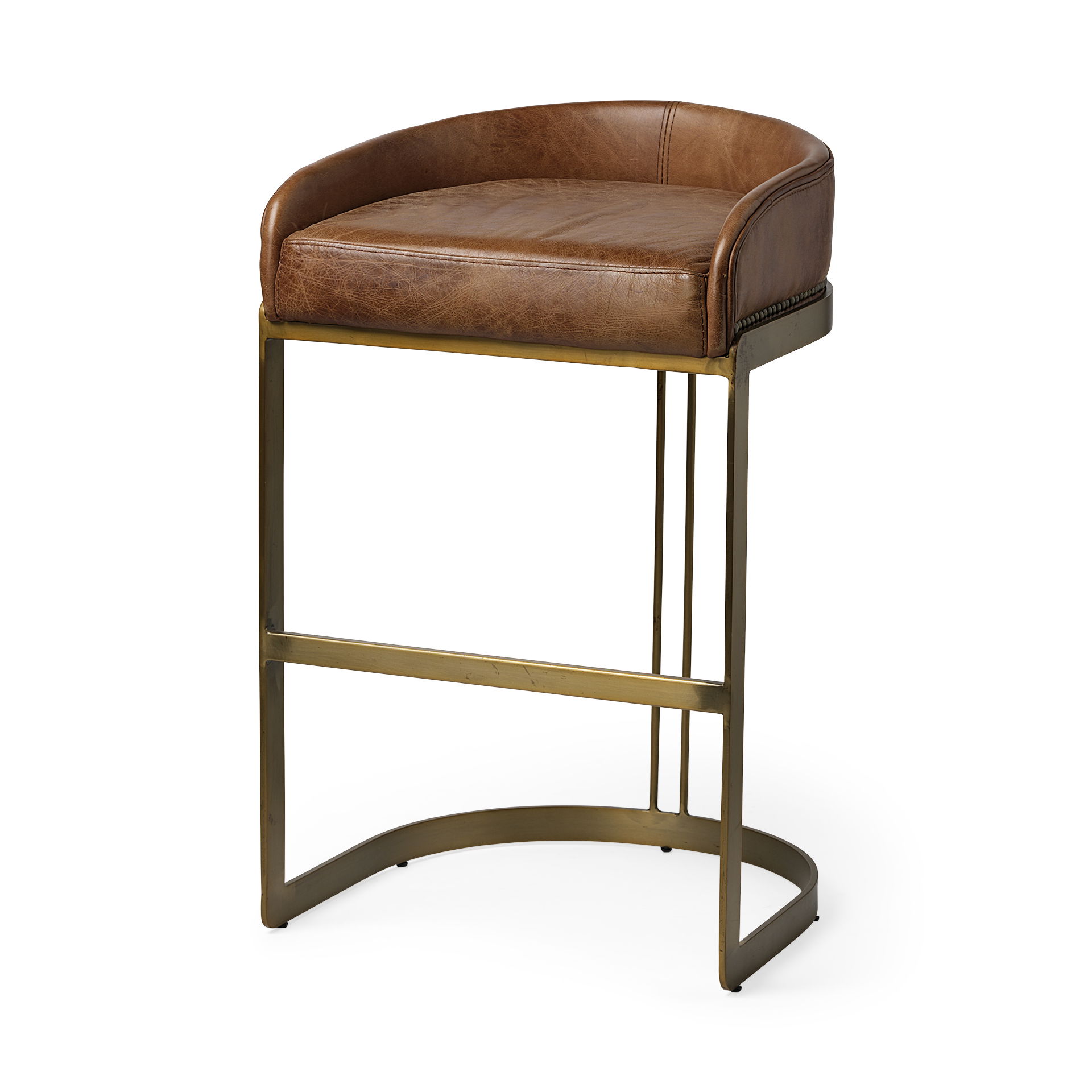 Hollyfield II Brown Leather Seat Gold Metal Base Bar Stool, Counter & Bar Stool by Mercana, 20.5" length x 19.7" width x 32.7" height View 1