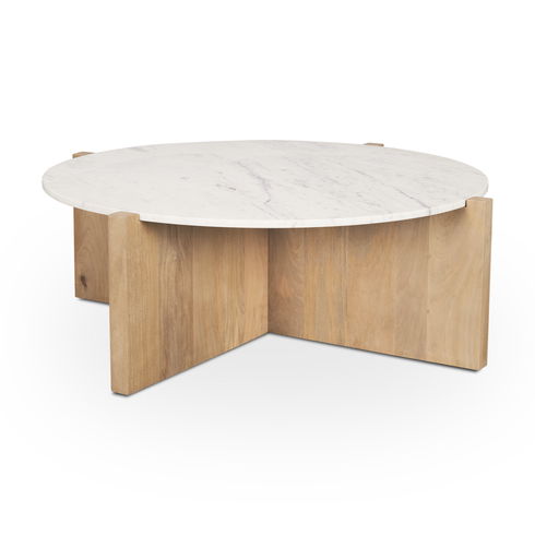 Bianca Light Brown Wood with Round Marble Top Coffee Table