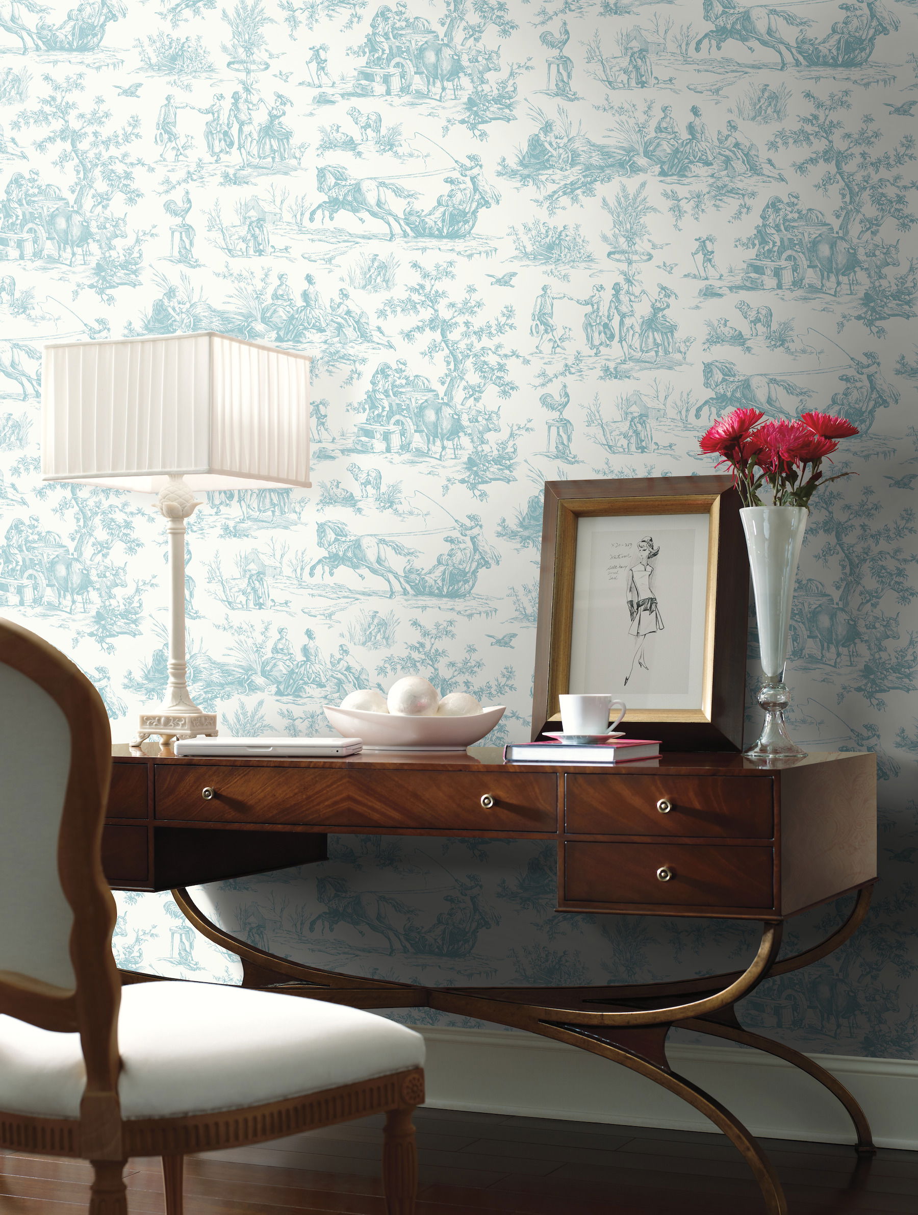 Seasons Toile Teal Wallpaper large image 