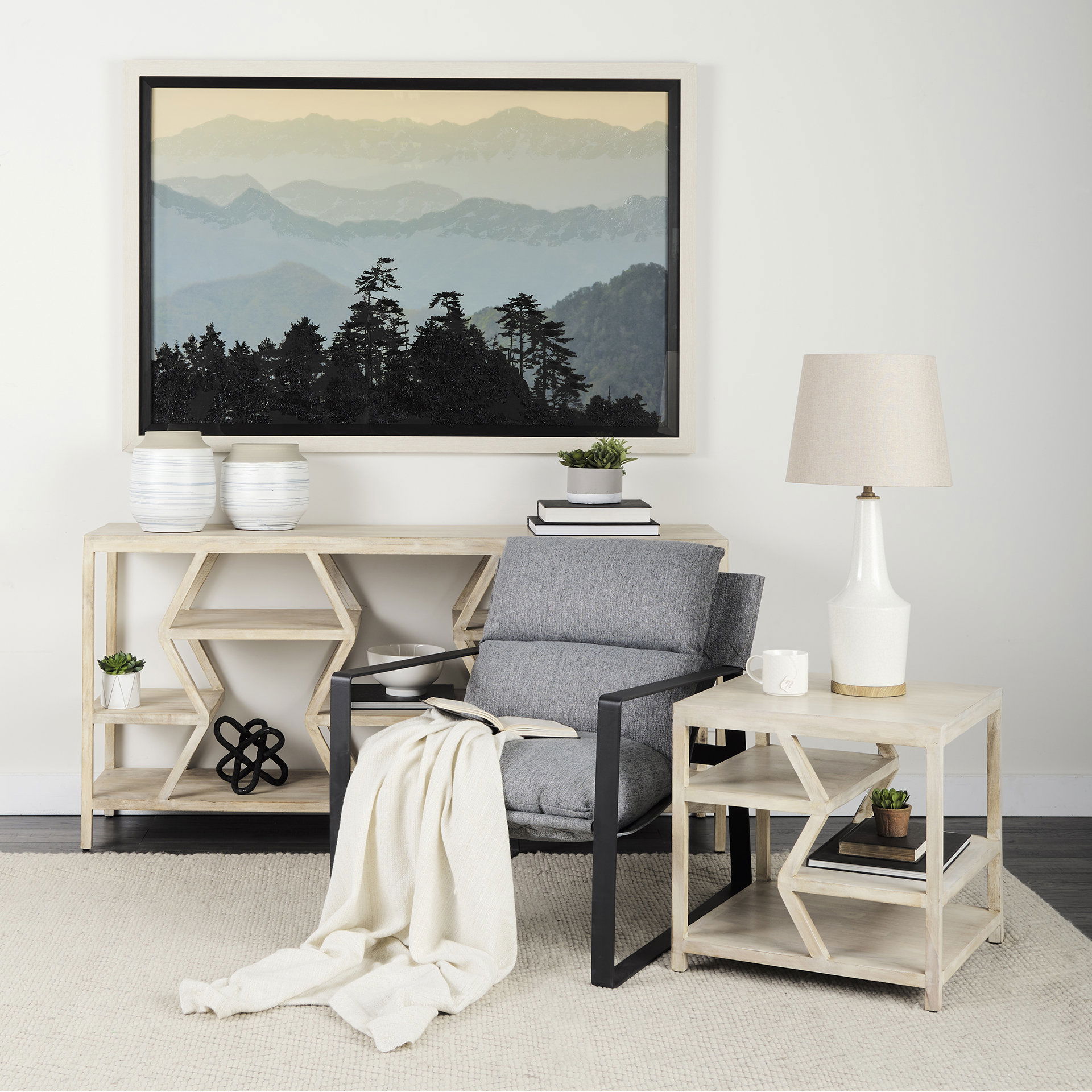 Dayton II 66L x 16W Natural Wooden Multi-Level Shelf Console Table large image 