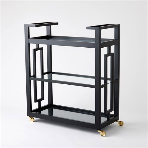 Grid Block Bar CartBlack Lacquer with Shiny Bras, Decor by Global Views, 36" length x 16" width x 42" height View 1