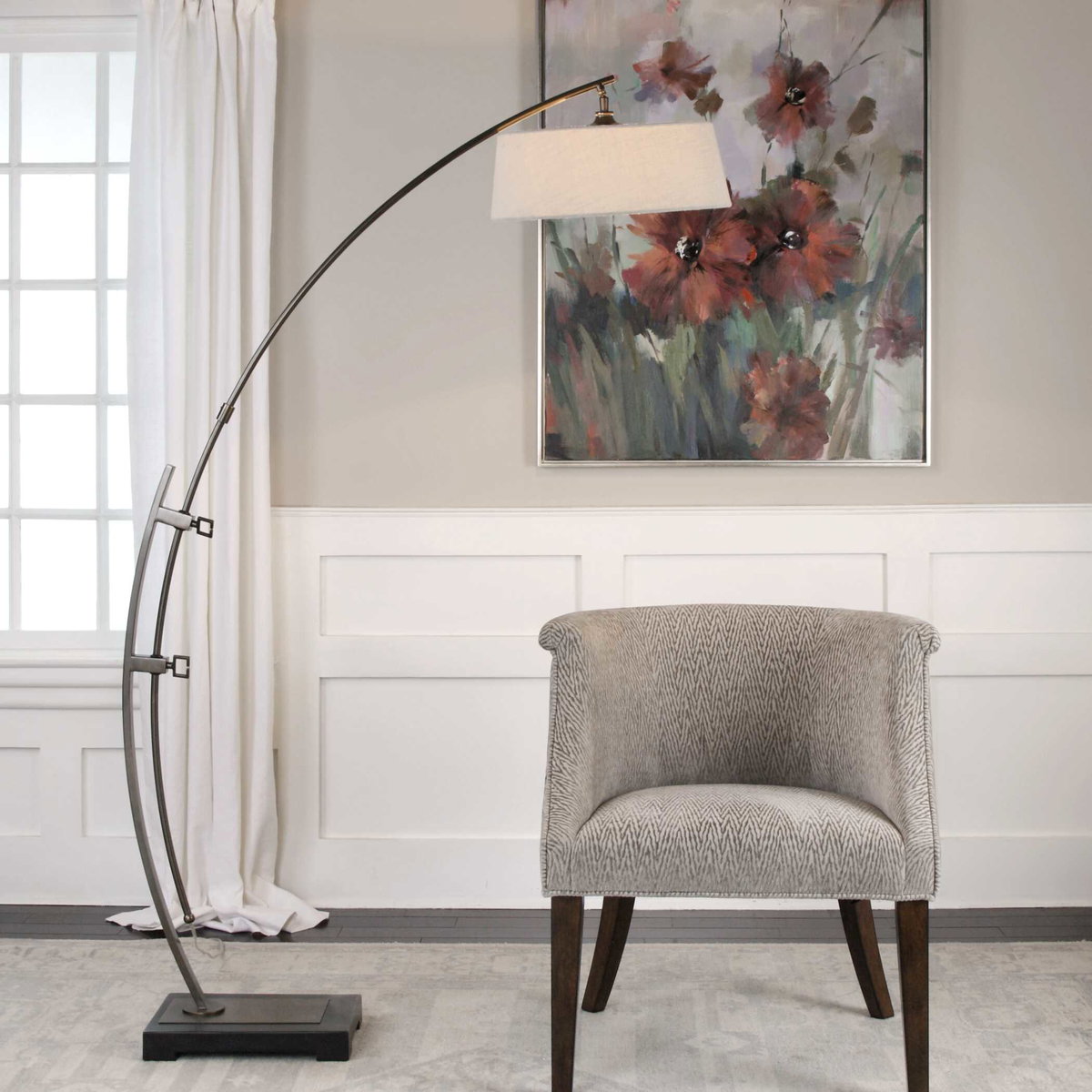 Calogero Bronze Arc Floor Lamp, by Uttermost, 5'4" width x 6'1.5" height x 1'6" depth View 2