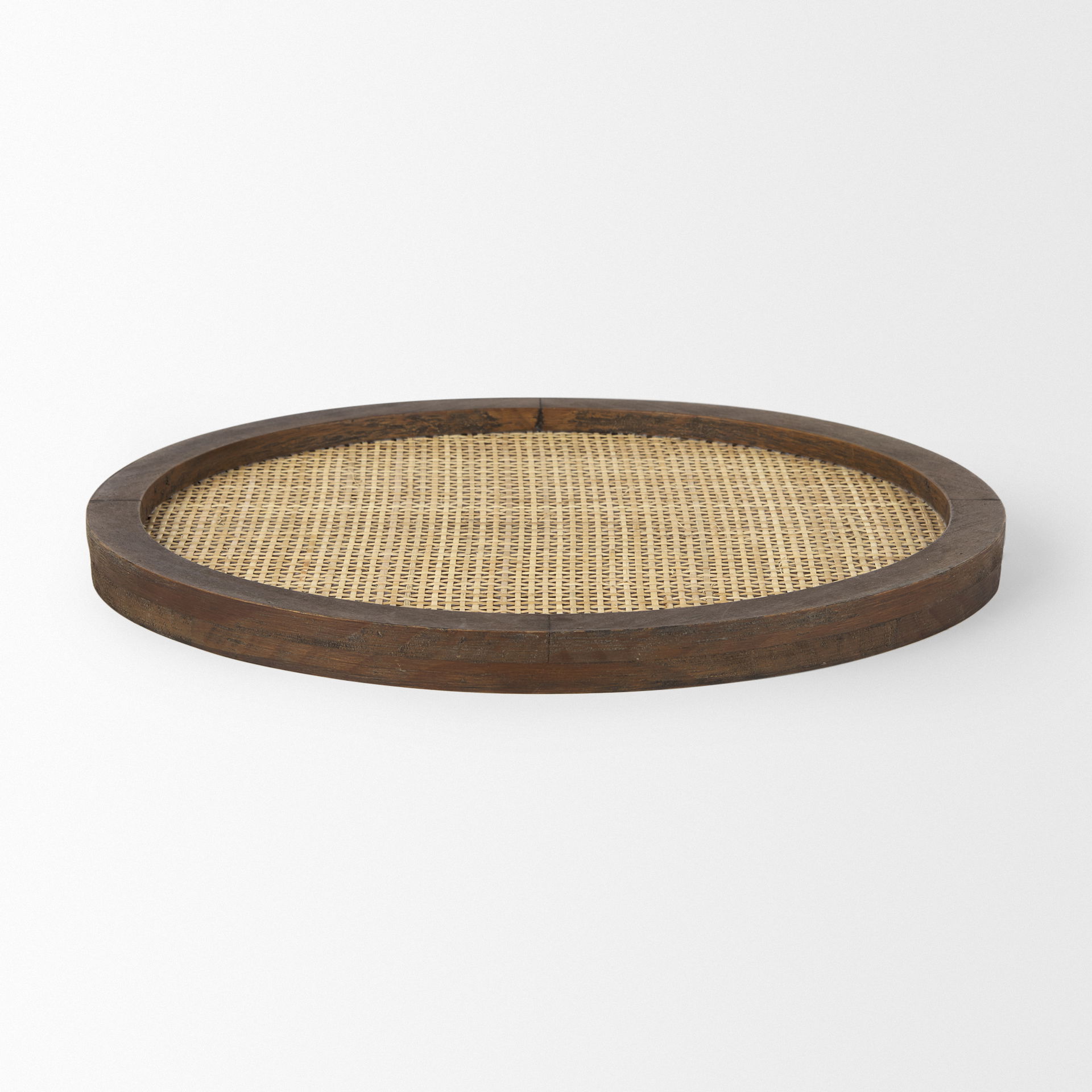 Silas Cane and Medium Brown Wood Round Tray, Decorative Tray by Mercana, 15.75" length x 15.75" width x 0.98" height View 3
