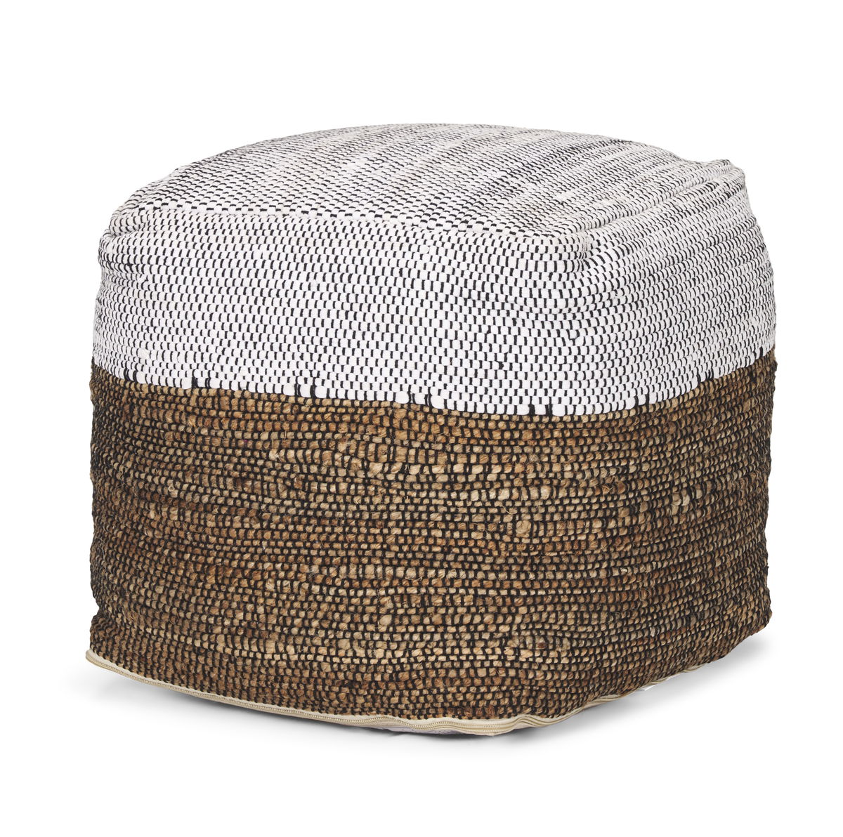 Samiya Jute with White Cotton Pouf, Ottoman by Mercana, 16" length x 16" width x 16" height View 1