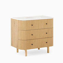 Online Designer Bathroom Ellington Single 36" Bath Console, Resin, Blonde, Dark Bronze Hardware, White Marble Top