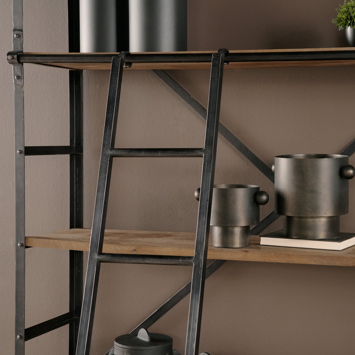 Brodie VIII 57L x 20.5W x 94H Brown Wood Gun-Metal Ladder Four Shelf Shelving Unit, Shelving & Bookcase by Mercana, 57" length x 20.5" width x 94" height View 4