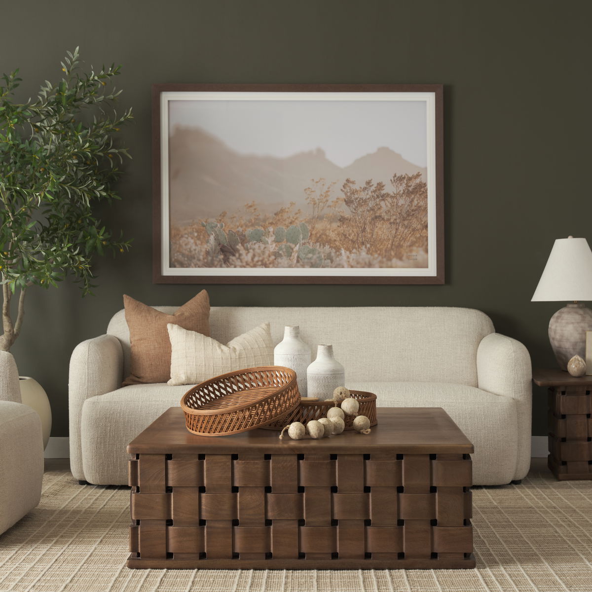 Thala Medium Brown Round Wicker Tray (Set of 2), Decorative Tray by Mercana, 20.47" length x 20.47" width x 4.5" height View 3