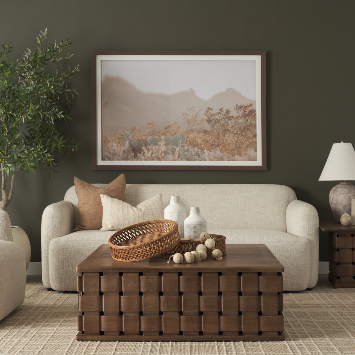 Thala Medium Brown Round Wicker Tray (Set of 2), Decorative Tray by Mercana, 20.47" length x 20.47" width x 4.5" height View 3