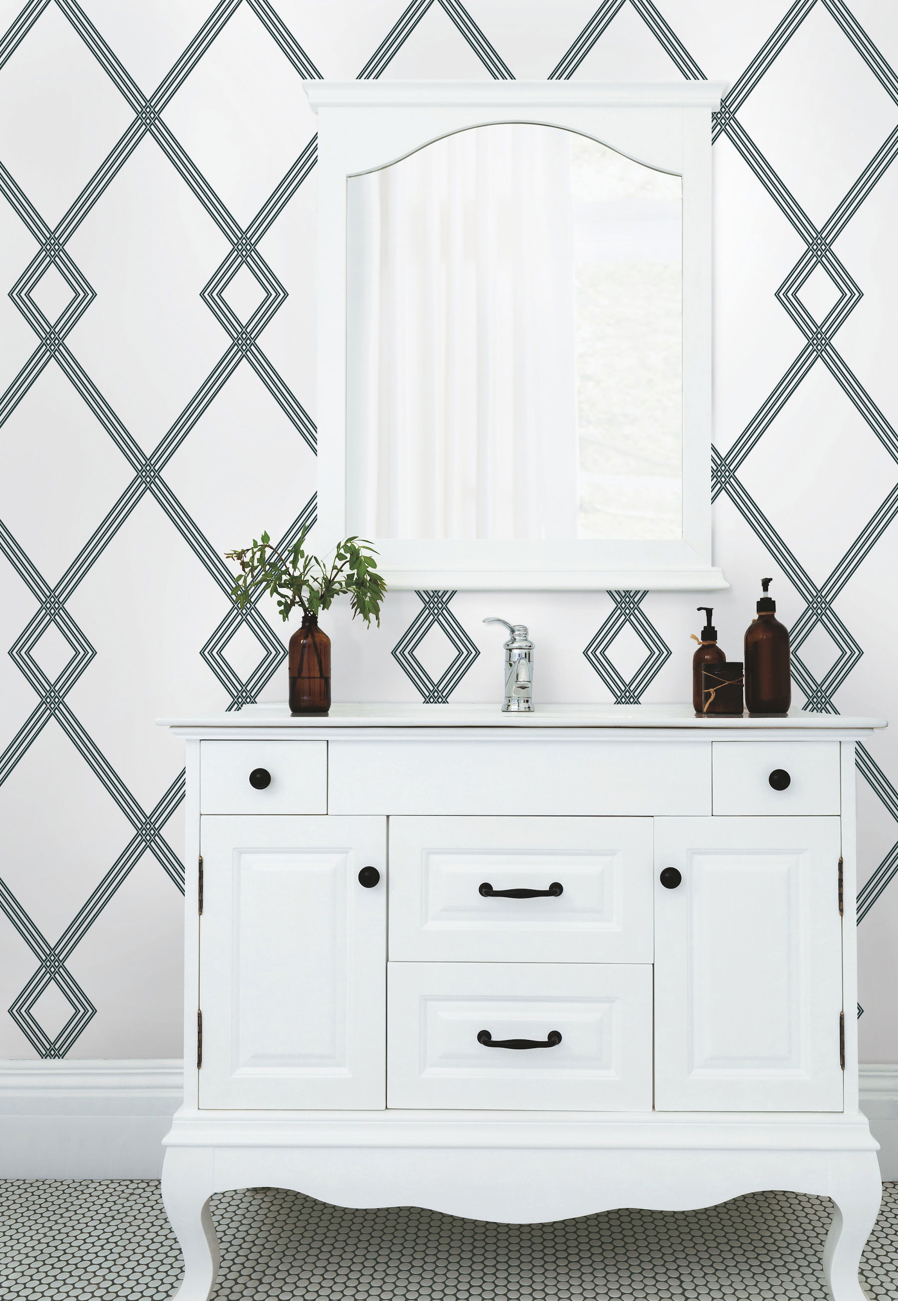 Ribbon Stripe Trellis White & Black Wallpaper large image 