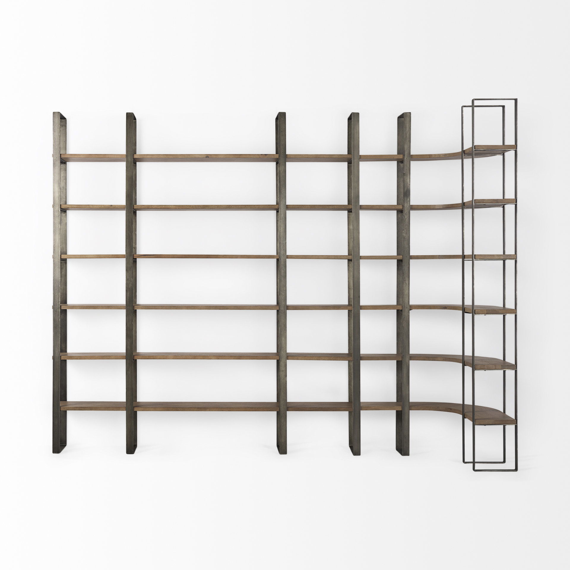 Taunton 80L x 10.5W x 90H Medium Brown Wood with Antique Nickel Metal Frame 6 Tier Shelving Unit, Shelving & Bookcase by Mercana, 80" length x 10.5" width x 90" height View 7