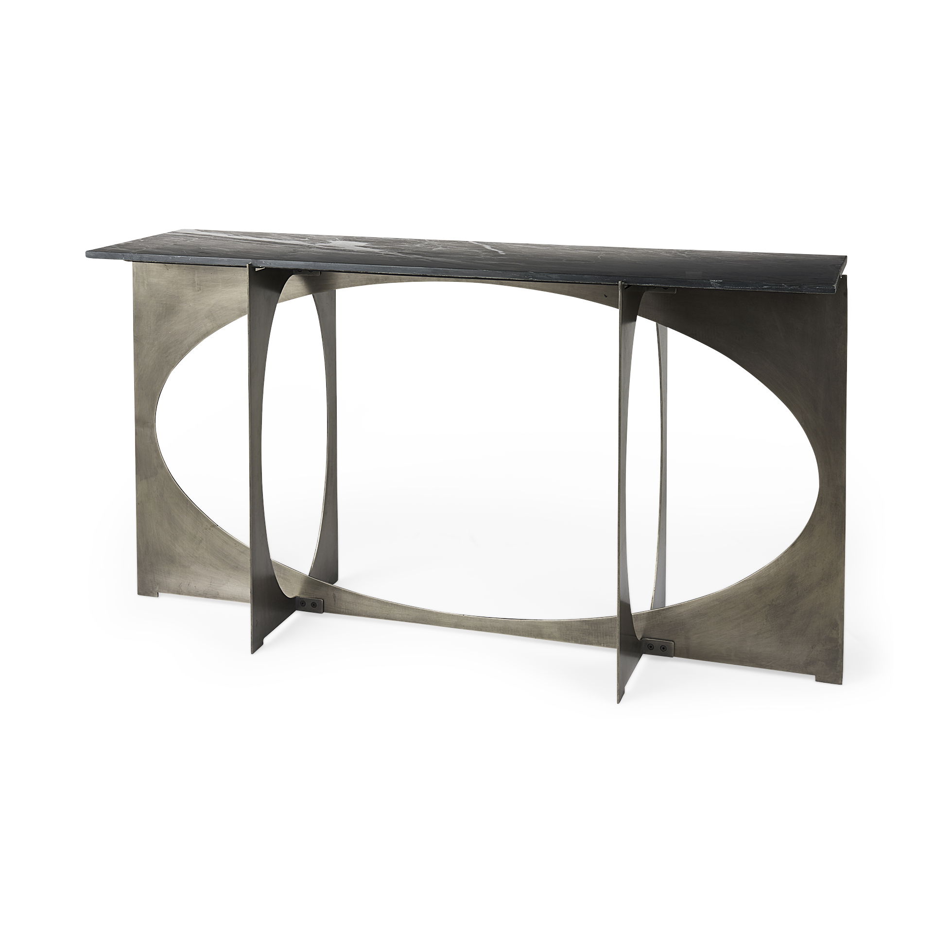 Reinhold IV Black Marble Top Iron Console Table, by Mercana, 60" length x 17" width x 31" height View 1