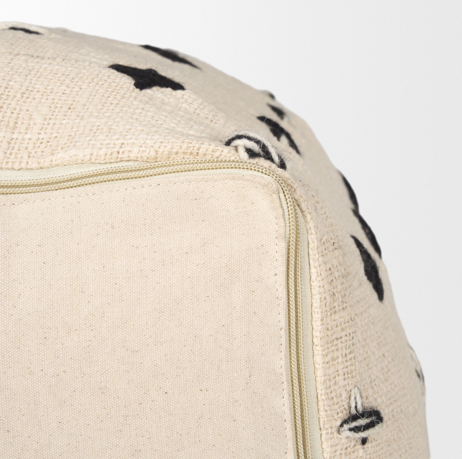 Saanvi Wool with Cream and Black Stitched Cross Patterned Pouf, Ottoman by Mercana, 16" length x 16" width x 16" height View 8