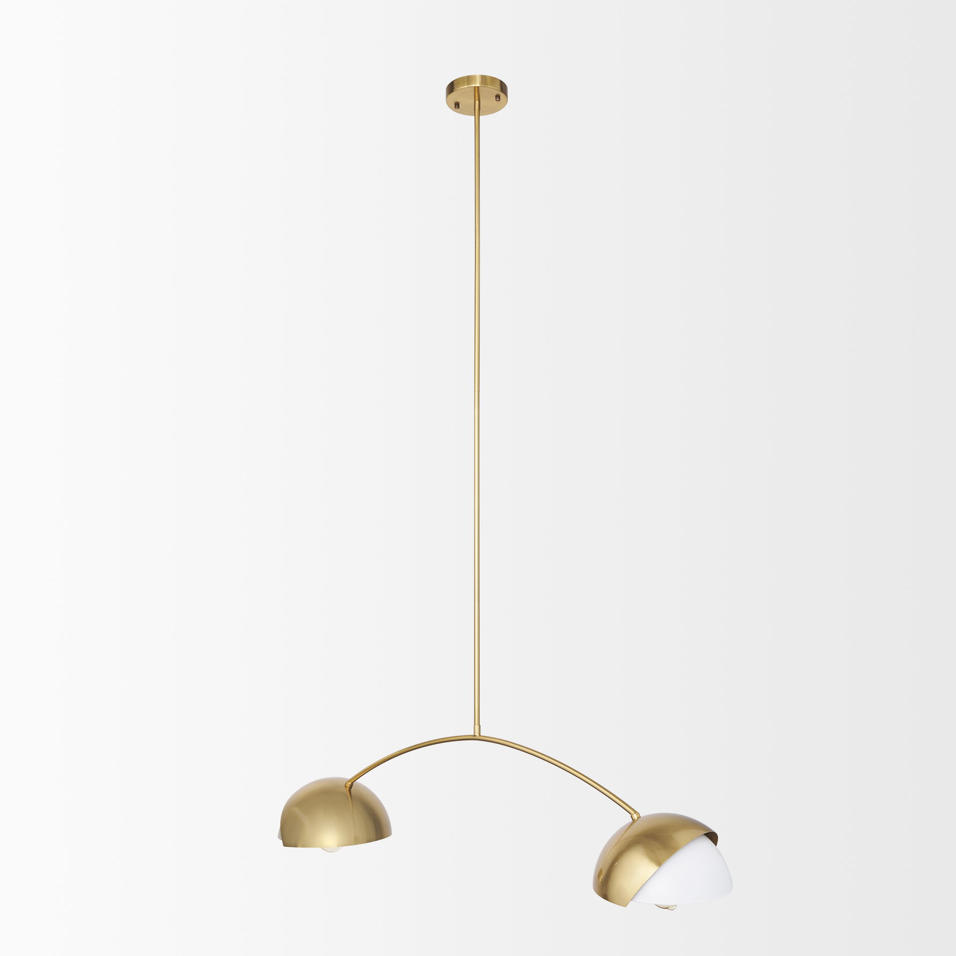 Cybill Brushed Brass with White Metal Shades 2-Light Chandelier, by Mercana, 41.73" length x 9.45" width x 9.75" height View 4