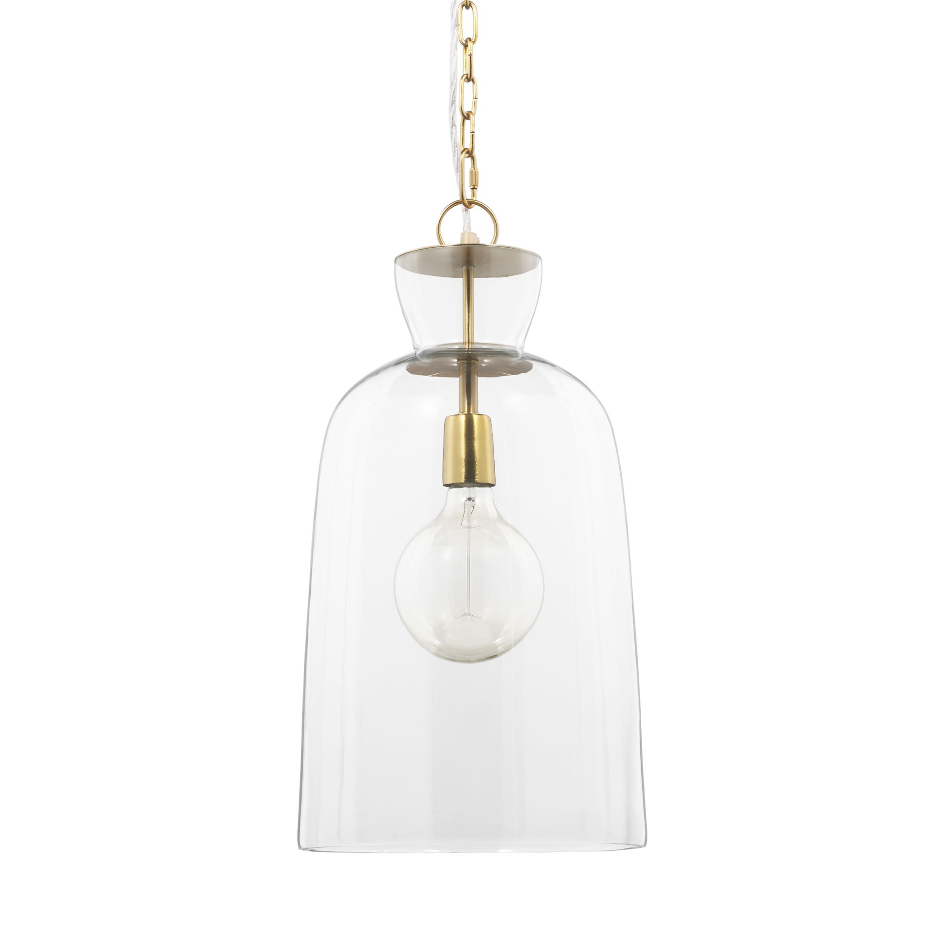 Sadah Tall Clear Blown Glass with Gold Metal Pendant Light, by Mercana, 11.25" length x 11.25" width x 21" height View 1