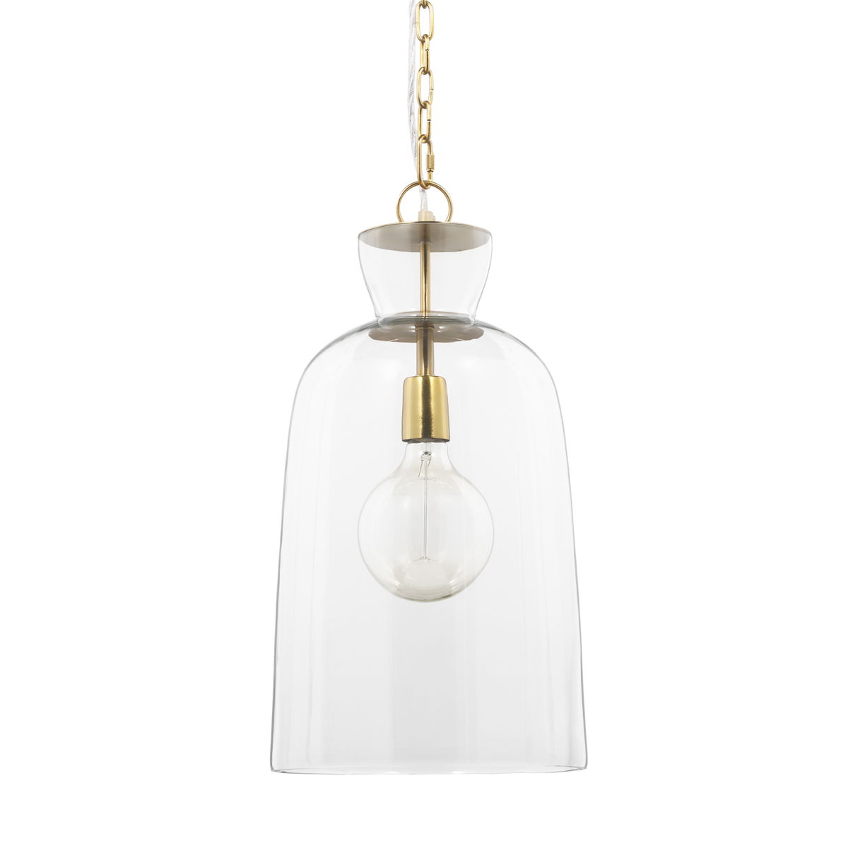 Sadah Tall Clear Blown Glass with Gold Metal Pendant Light, by Mercana, 11.25" length x 11.25" width x 21" height View 1