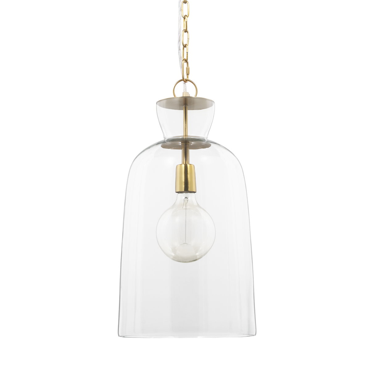 Sadah Tall Clear Blown Glass with Gold Metal Pendant Light, by Mercana, 11.25" length x 11.25" width x 21" height View 1