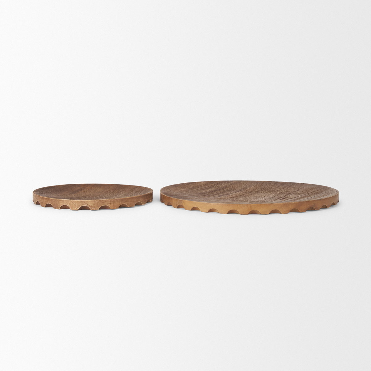Waverly Round Light Brown Wood Scalloped Edged Trays, Decorative Tray by Mercana, 17.5" length x 17.5" width x 1" height View 4