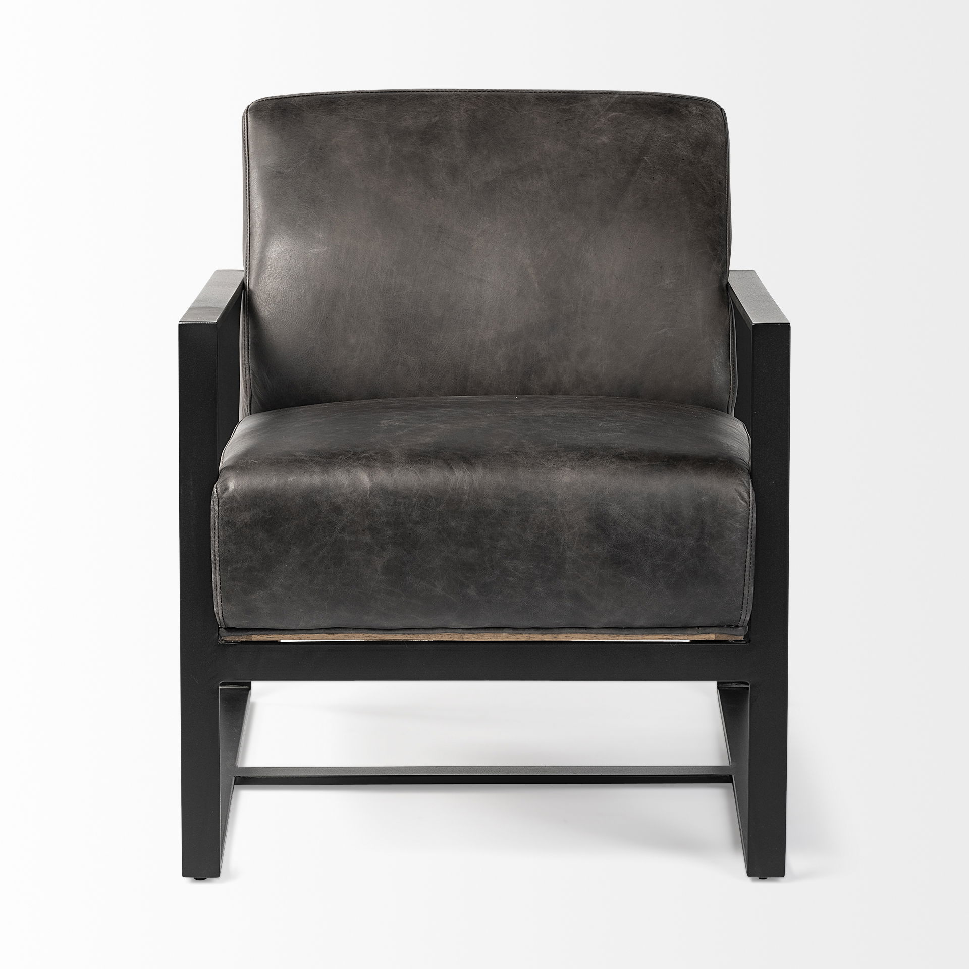 Stamford Black Genuine Leather Seat with Wood Back, Metal Frame Accent Chair, by Mercana, 24.41" length x 31.89" width x 28.94" height View 6