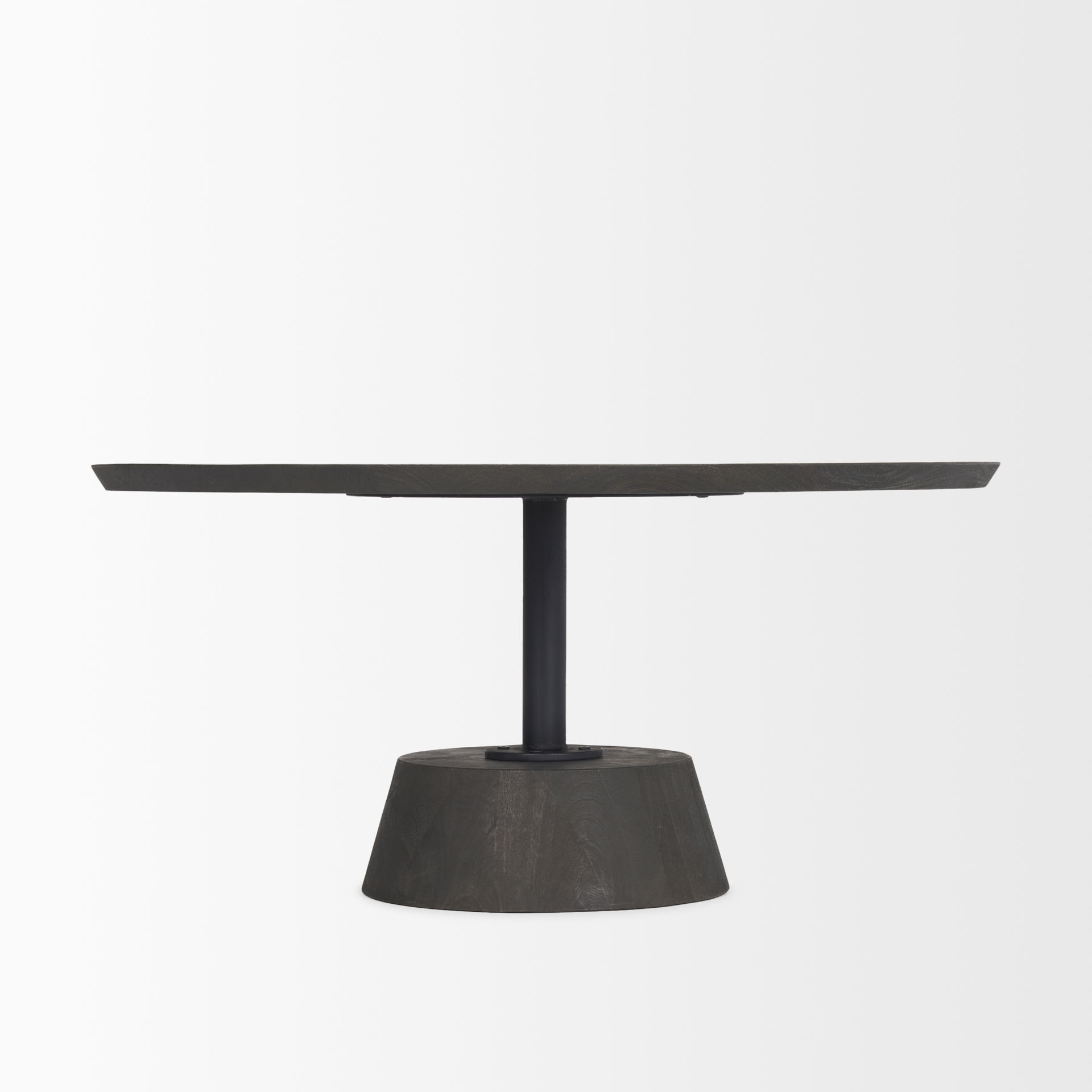 Maxwell 34L x 34W x 16H Dark Brown Wood with Black Metal Pedestal Base Round Coffee Table, by Mercana, 34" length x 34" width x 16" height View 6