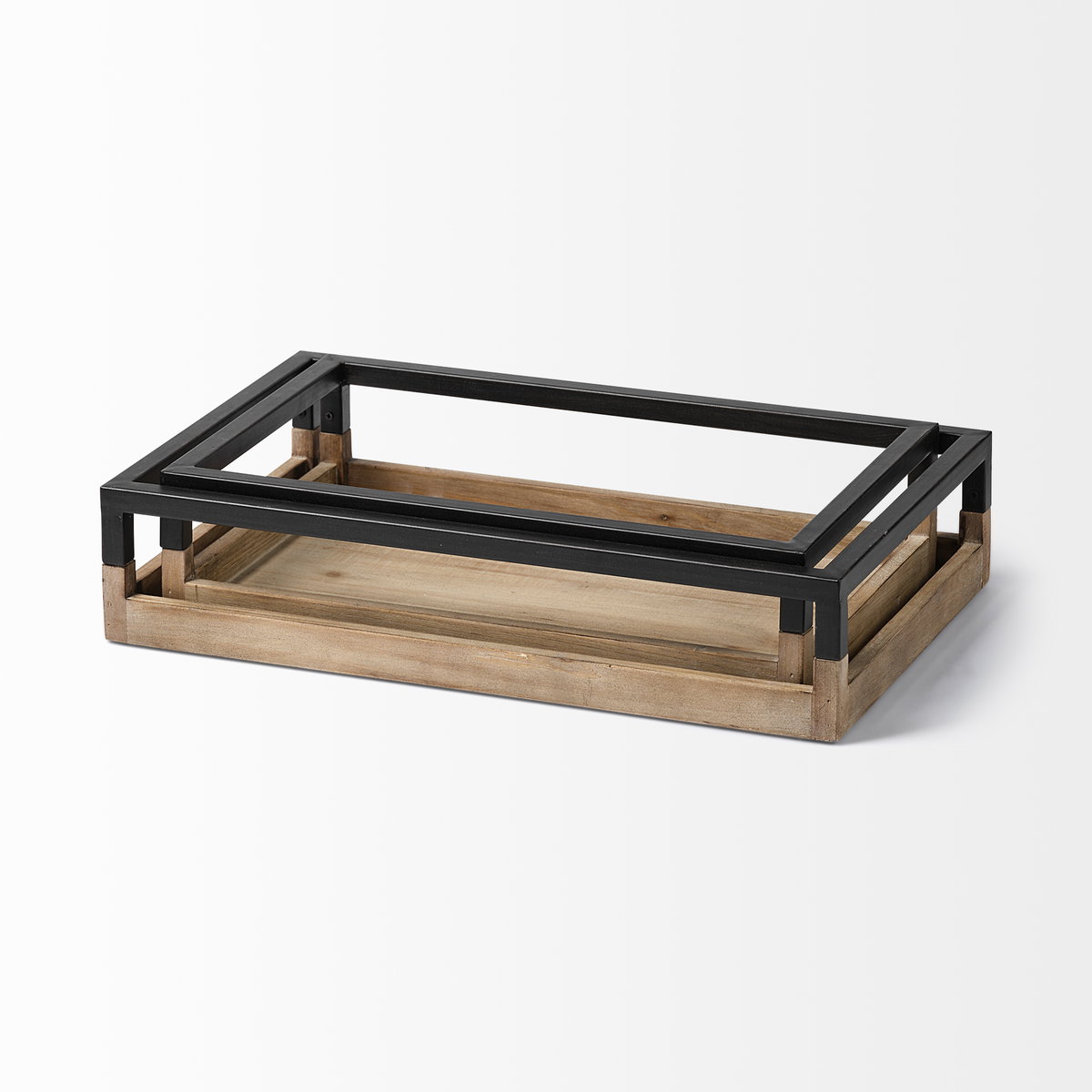 Ross Set of 2 Natural Wood with Black Metal Nesting Trays, Decorative Tray by Mercana, 18.9" length x 11.81" width x 4.25" height View 6