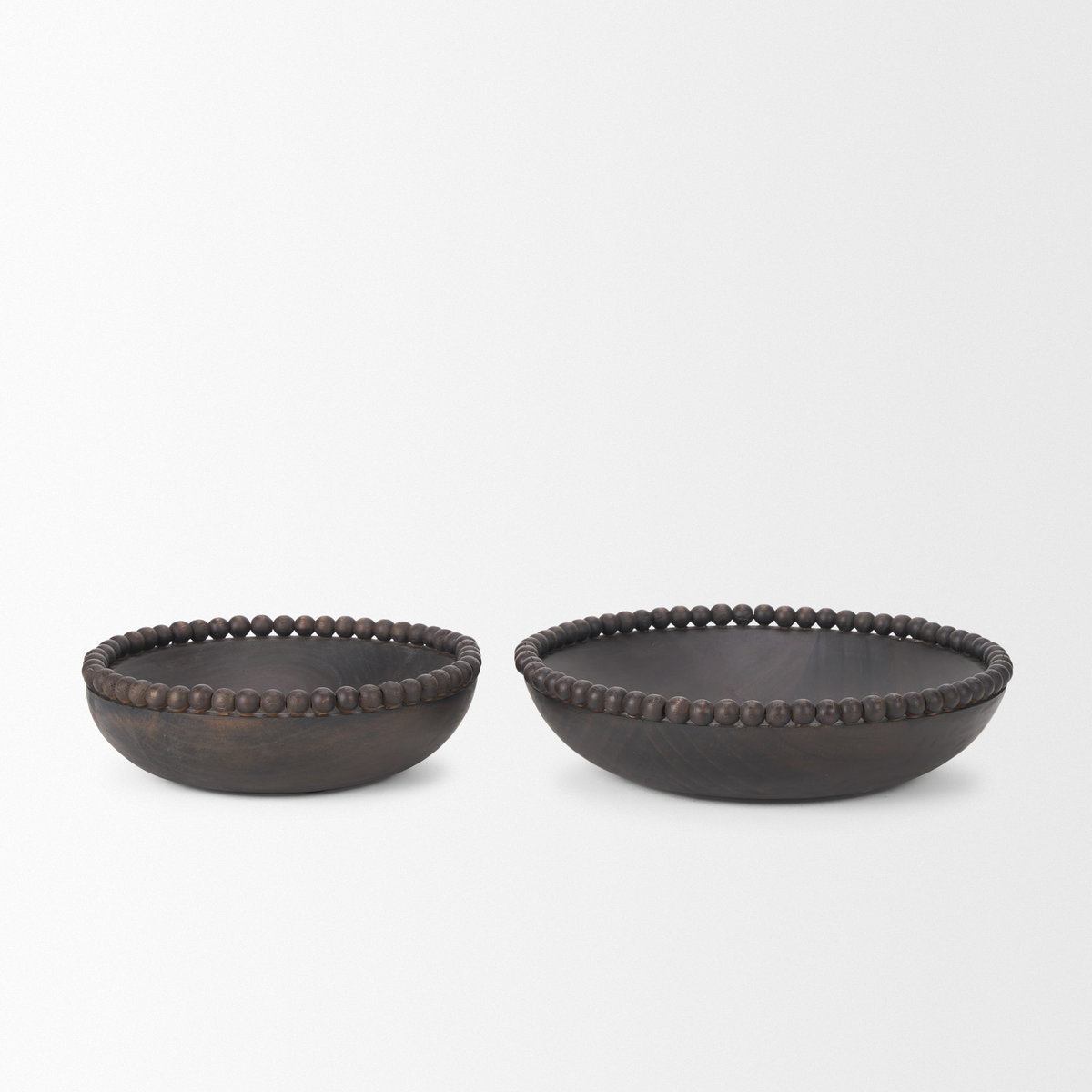 Wendell Dark Brown Wood with Wood Beads Round Bowls, Decorative Bowl by Mercana, 12" length x 12" width x 3" height View 4