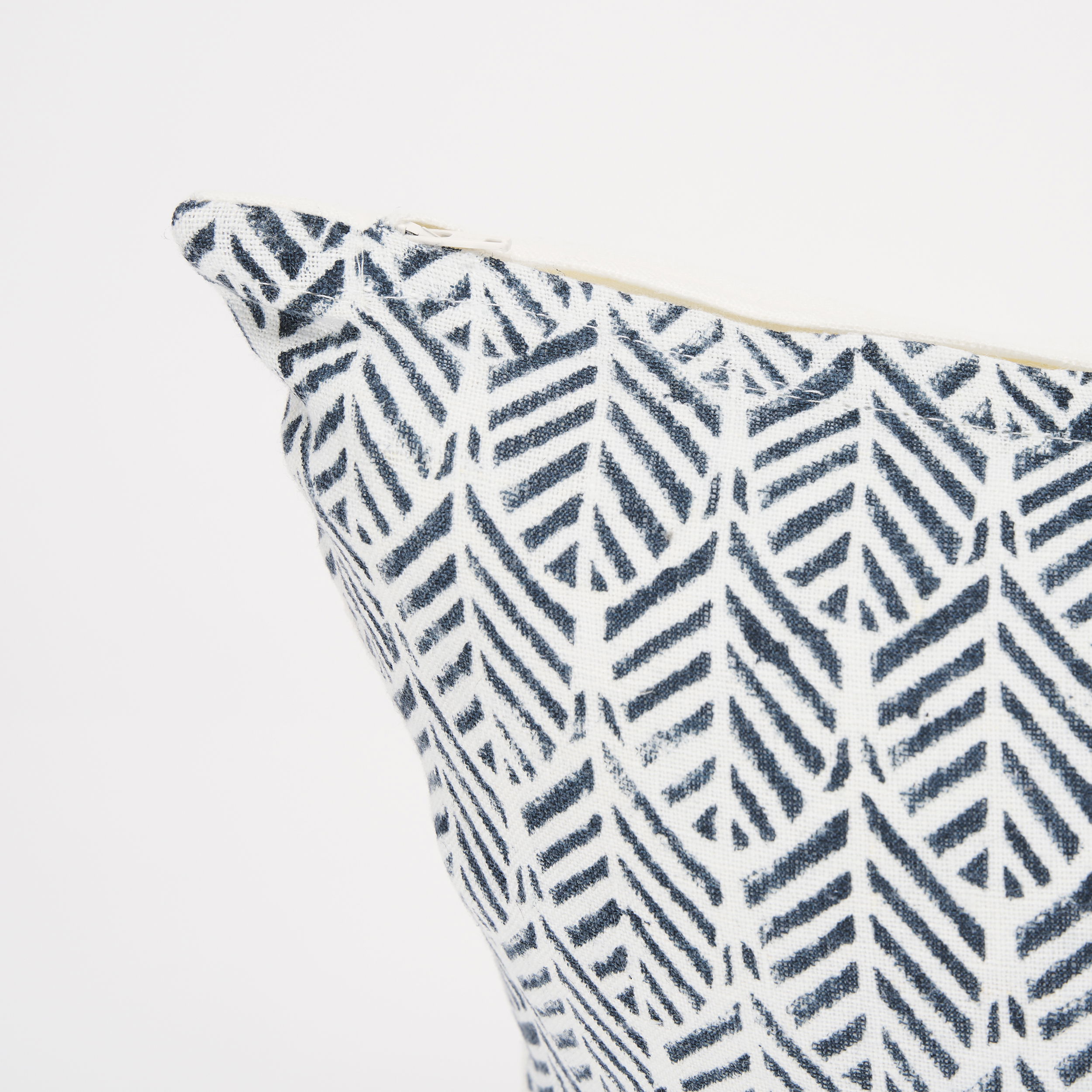 Janelle Cream with Indigo Print Linen Lumbar Decorative Pillow Cover, by Mercana, 14" length x 26" width x 0.2" height View 8