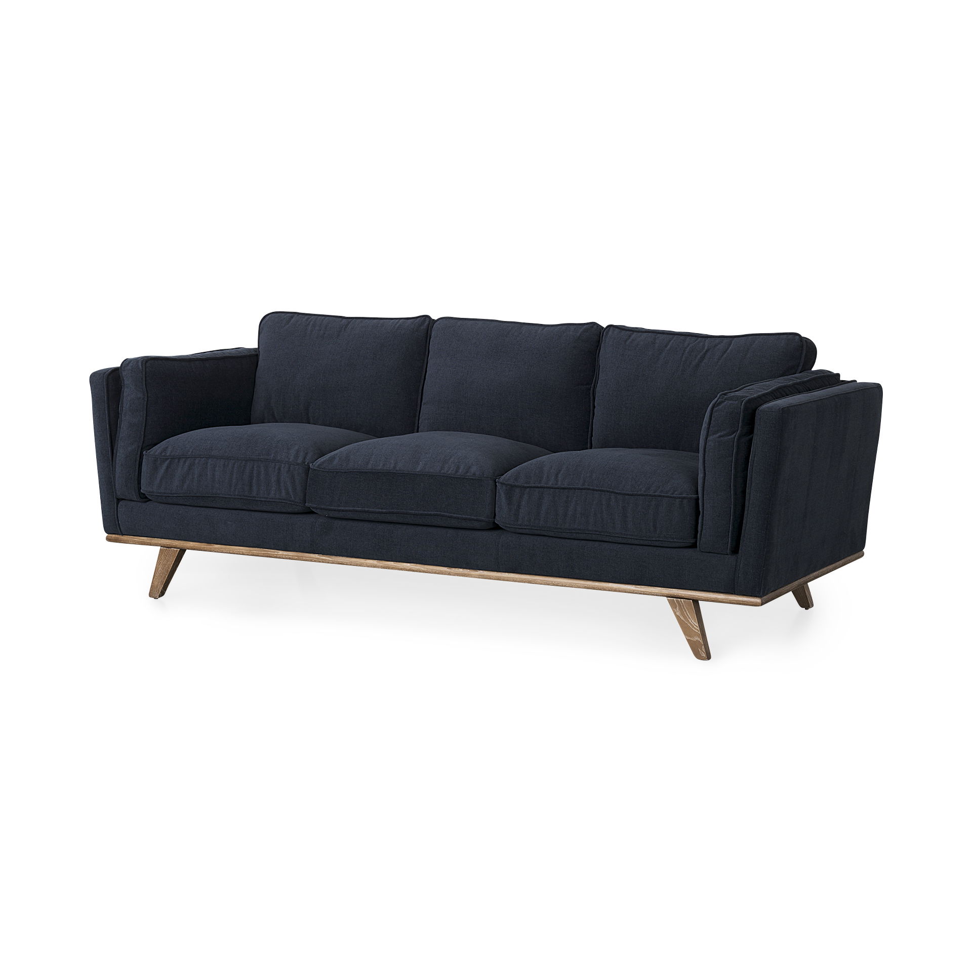 Brooks  Navy Blue Fabric Three Seater Sofa with Medium Brown Wooden Legs, Sofas & Sectional by Mercana, 90.16" length x 34.84" width x 33.46" height View 1