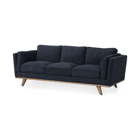 Brooks  Navy Blue Fabric Three Seater Sofa with Medium Brown Wooden Legs