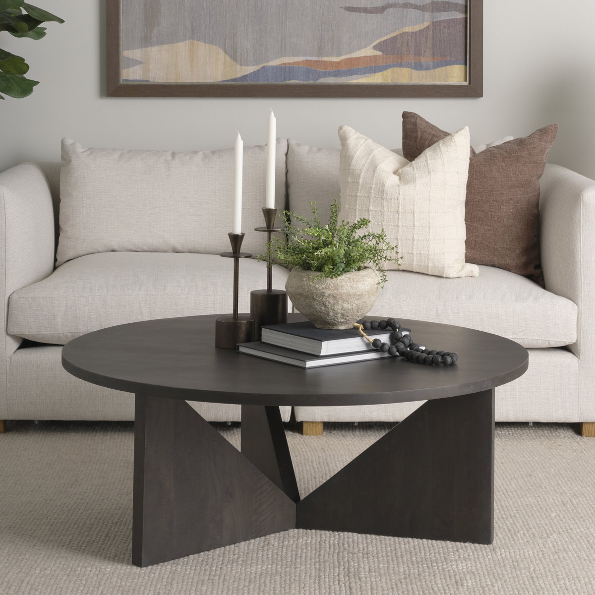 Tarro Brown Wood with Triangle Legs Coffee Table, by Mercana, 44" length x 44" width x 17.5" height View 2