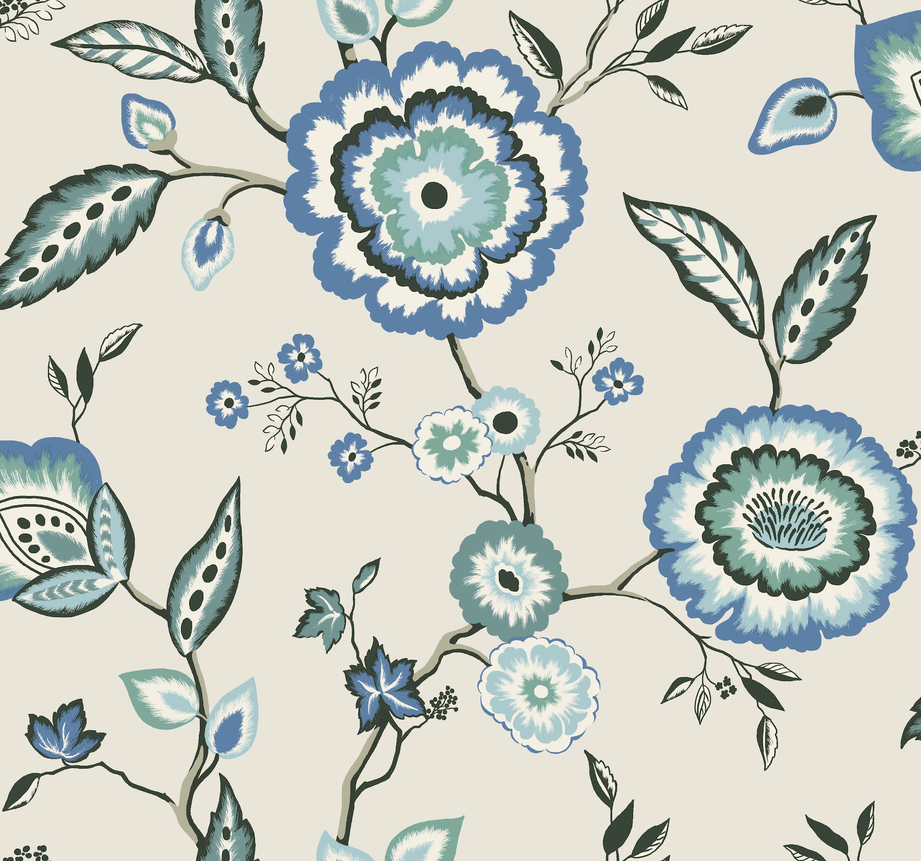 Dahlia Blooms Blue & White Wallpaper large image 