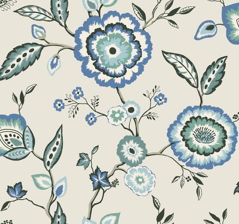 Dahlia Blooms Blue & White Wallpaper