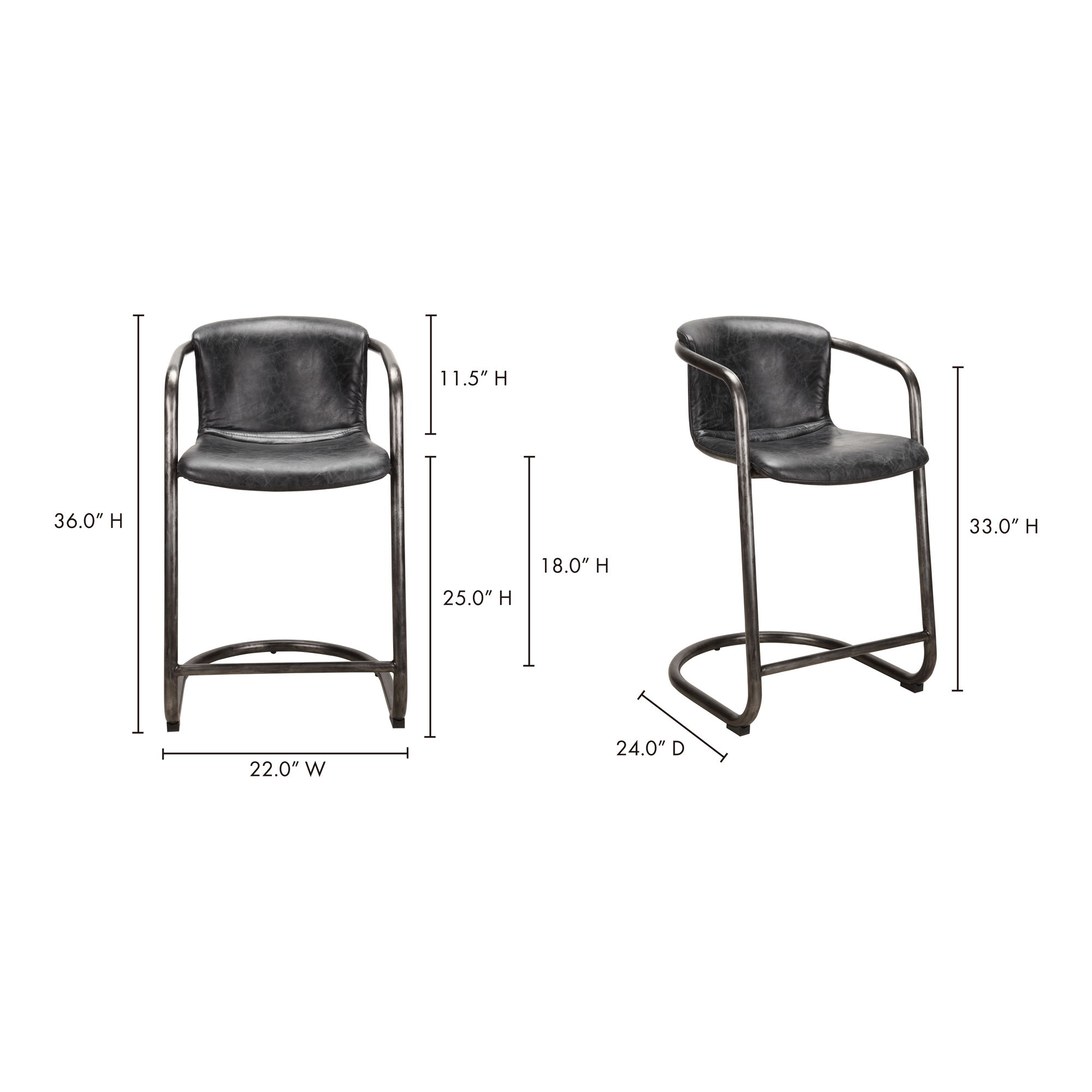 Freeman Counter Stool Onyx Black Leather - Set Of Two, Counter & Bar Stool by Moe's Home, 22" width x 36" height x 24" depth View 6