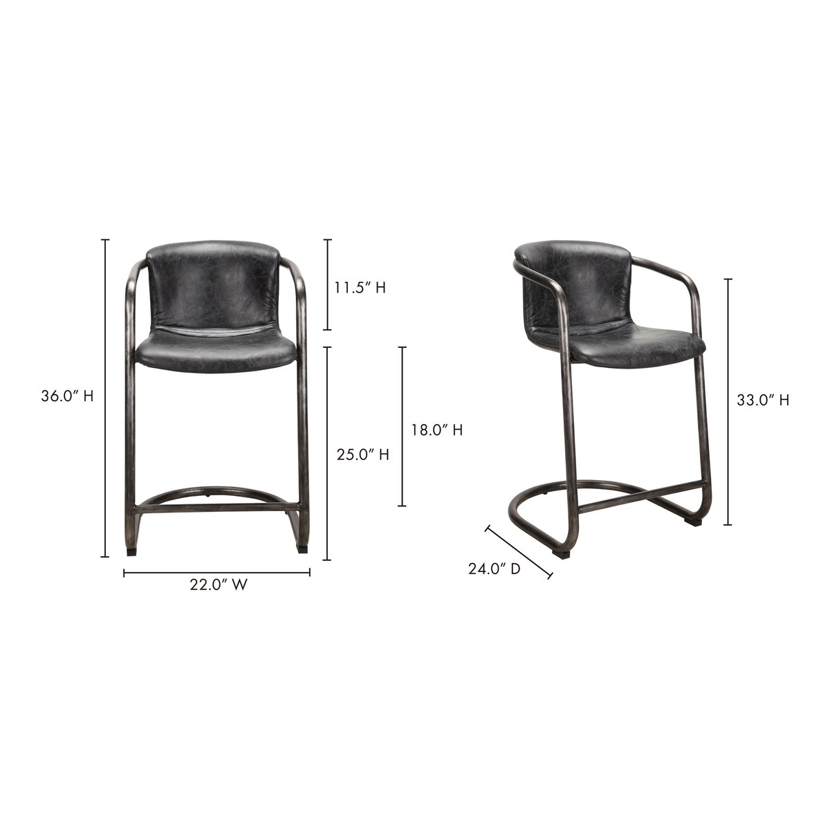 Freeman Counter Stool Onyx Black Leather - Set Of Two, Counter & Bar Stool by Moe's Home, 22" width x 36" height x 24" depth View 8