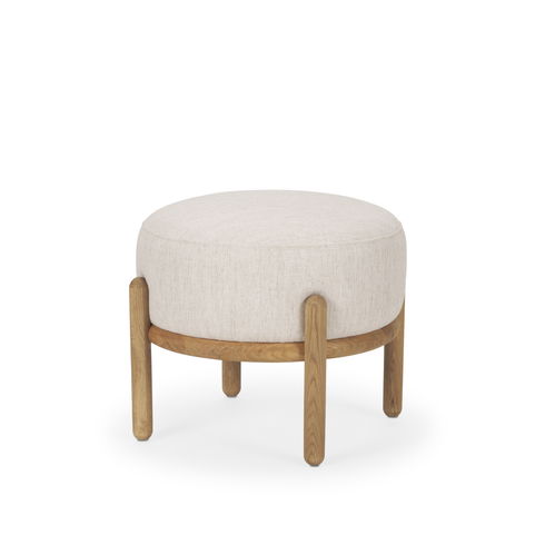 Gwynn Beige Fabric with Light Brown Wood Pouf