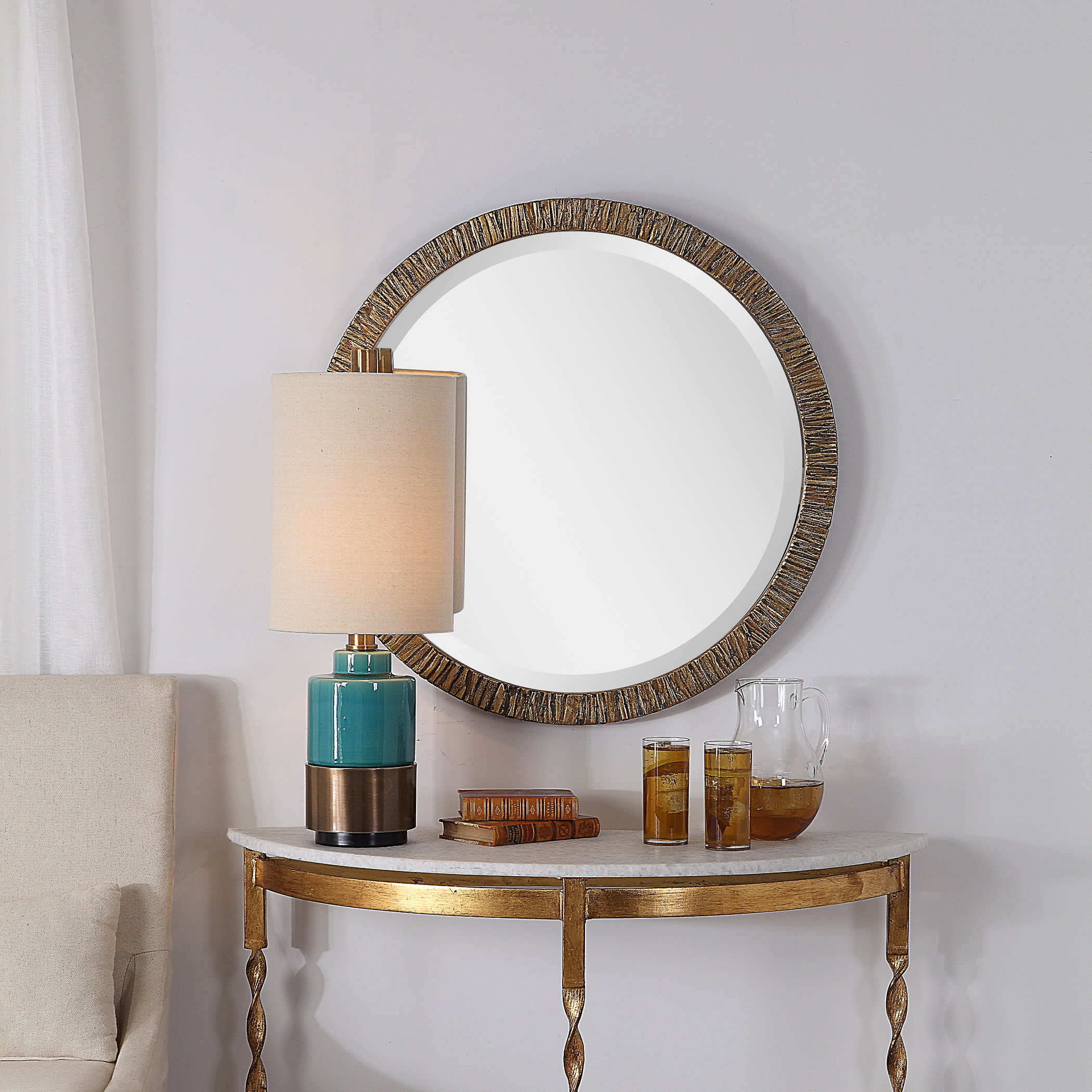 Wayde Gold Bark Round Mirror large image 