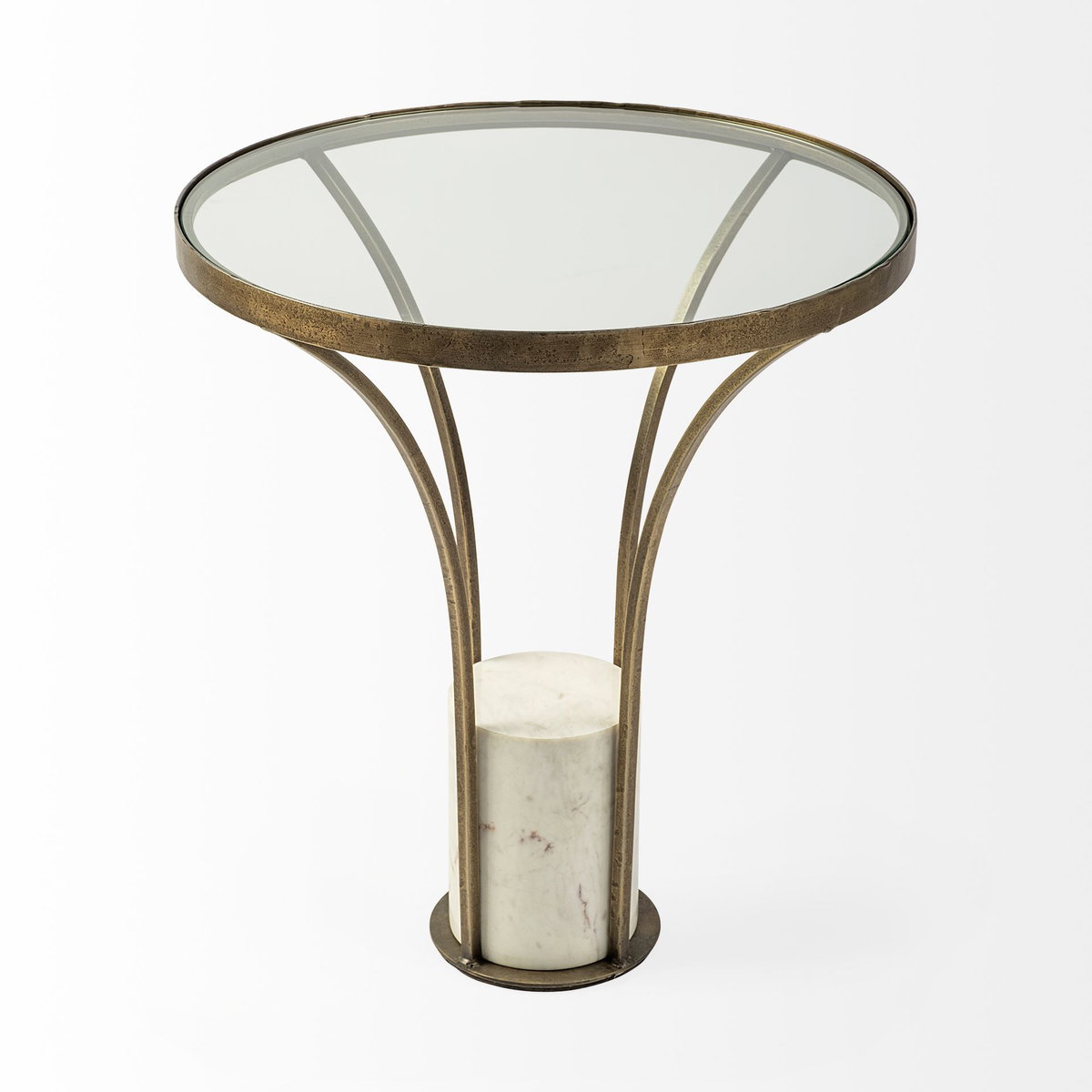 Jacinta II 21' Round Glass Top Metal and Marble Pedestal End/Side Table, Side & End Table by Mercana, 21" length x 21" width x 24" height View 3