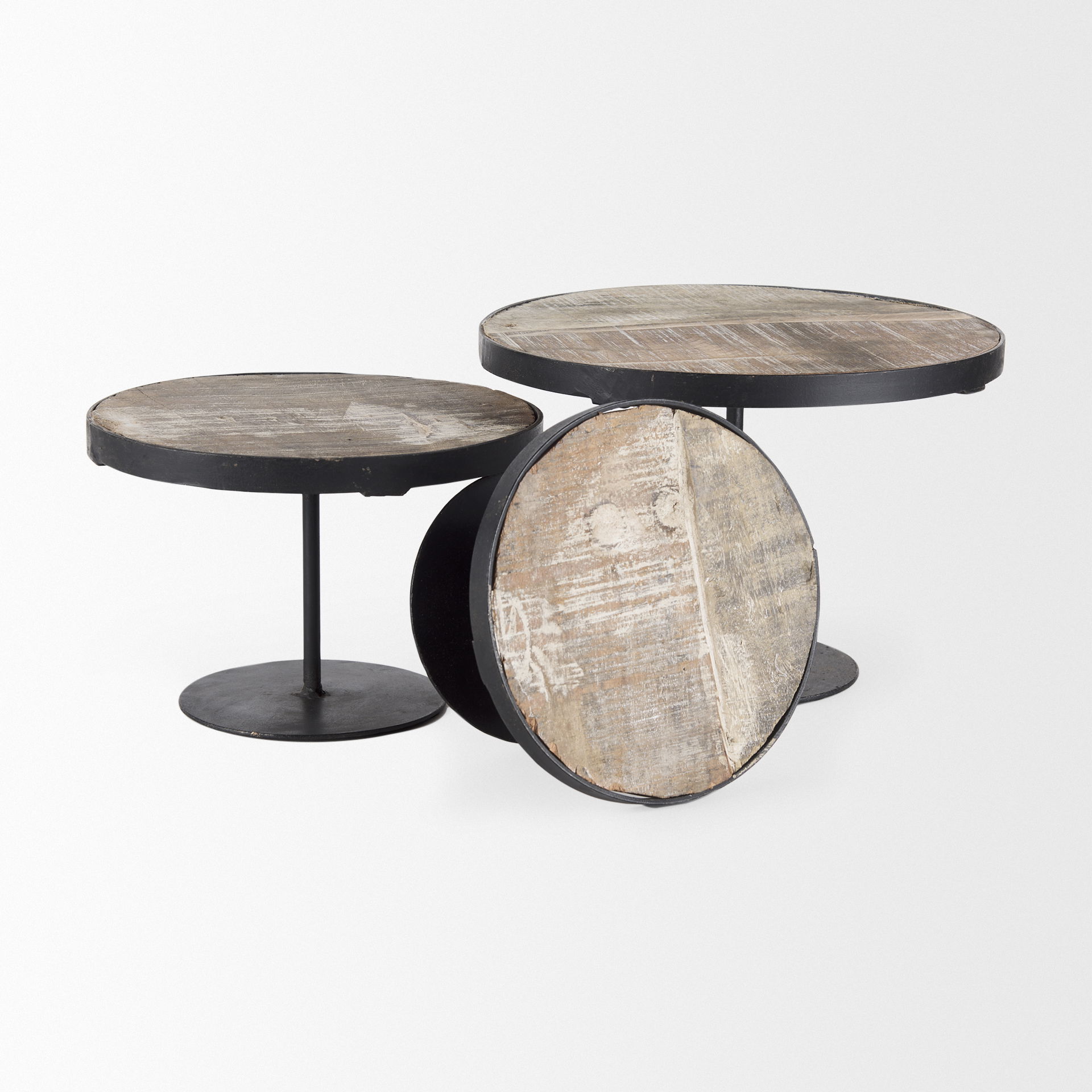 Lorenz (Set of 3) Light Brown Wood with Black Metal Base Round Decorative Display Stands, Decorative Tray by Mercana, 12" length x 12" width x 8" height View 5