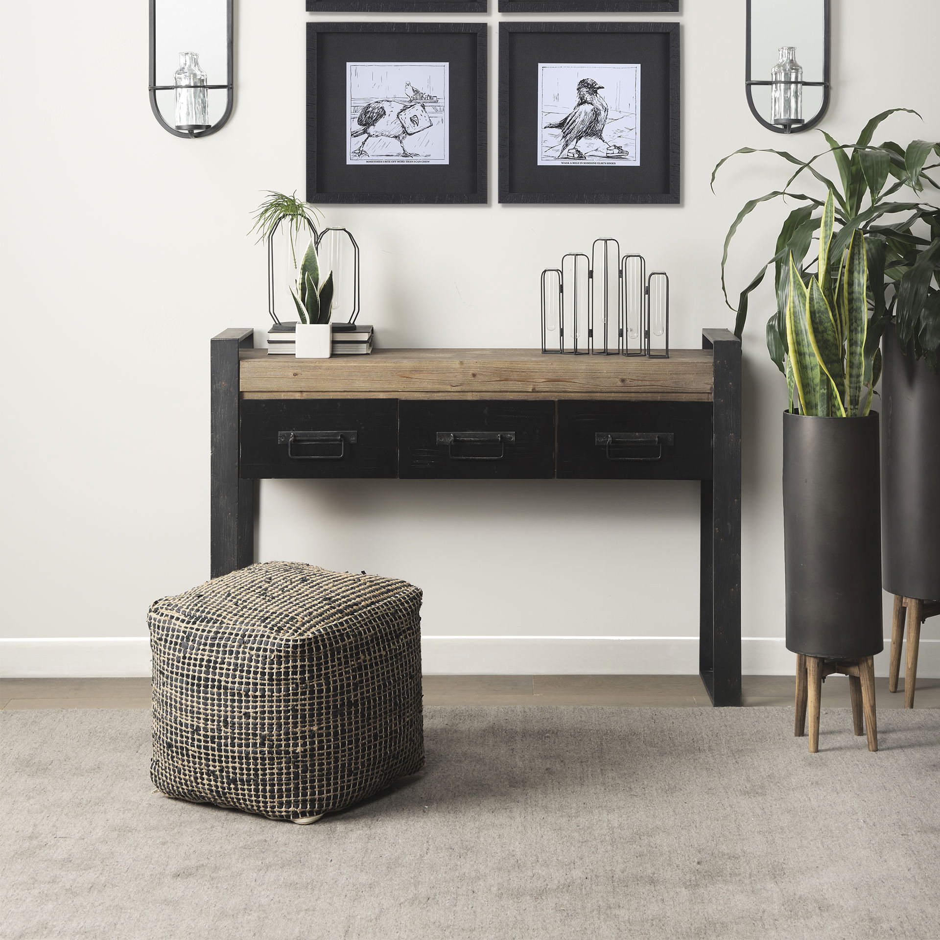 Aalia  Charcoal Leather and Jute Pouf, Ottoman by Mercana, 16" length x 16" width x 16" height View 2