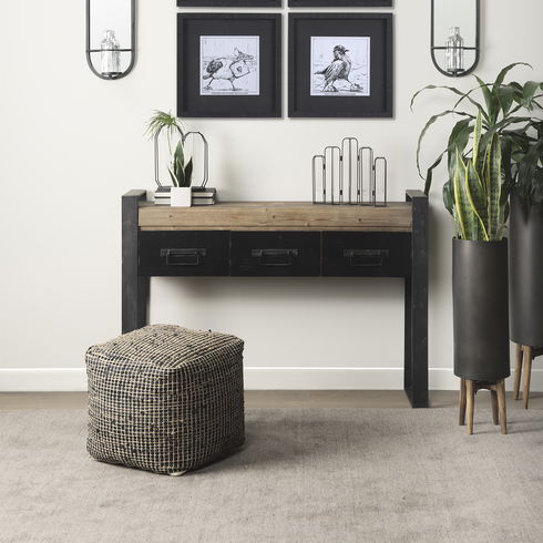 Aalia  Charcoal Leather and Jute Pouf